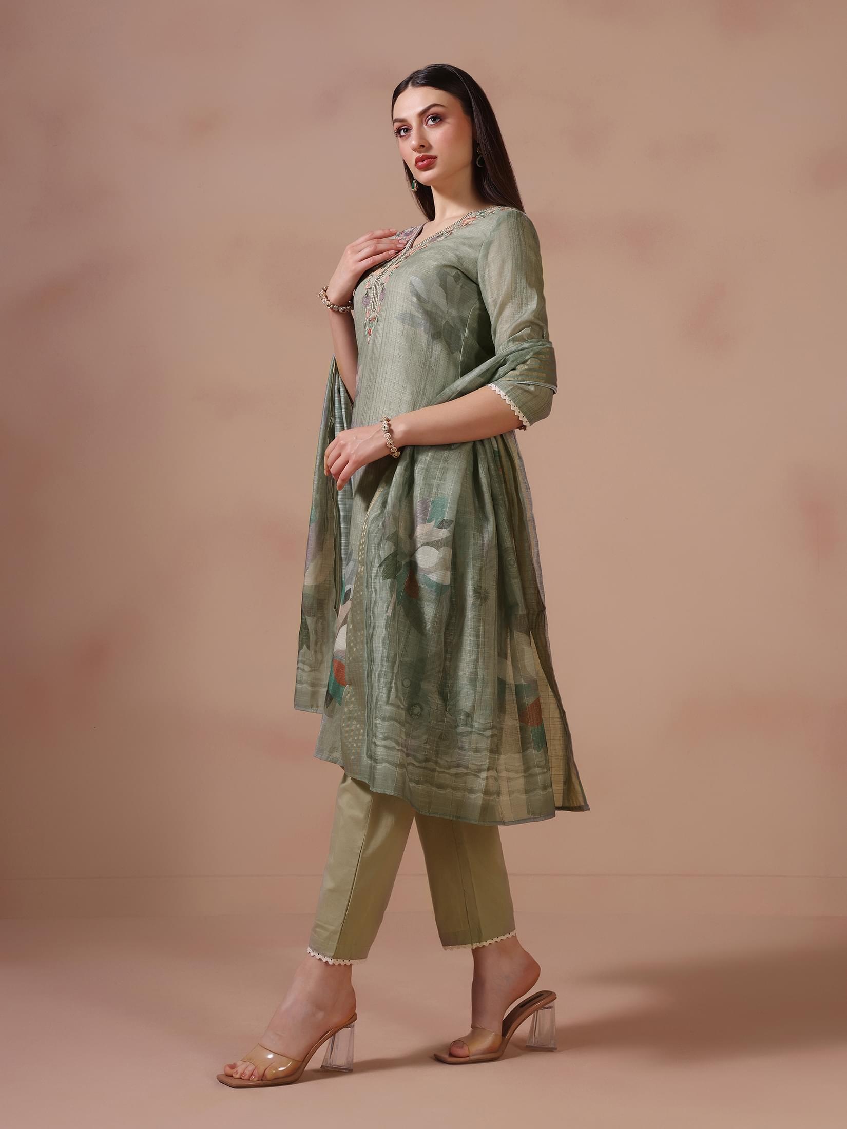 Women Linen Olive Embroidered Kurta Trouser Dupatta.