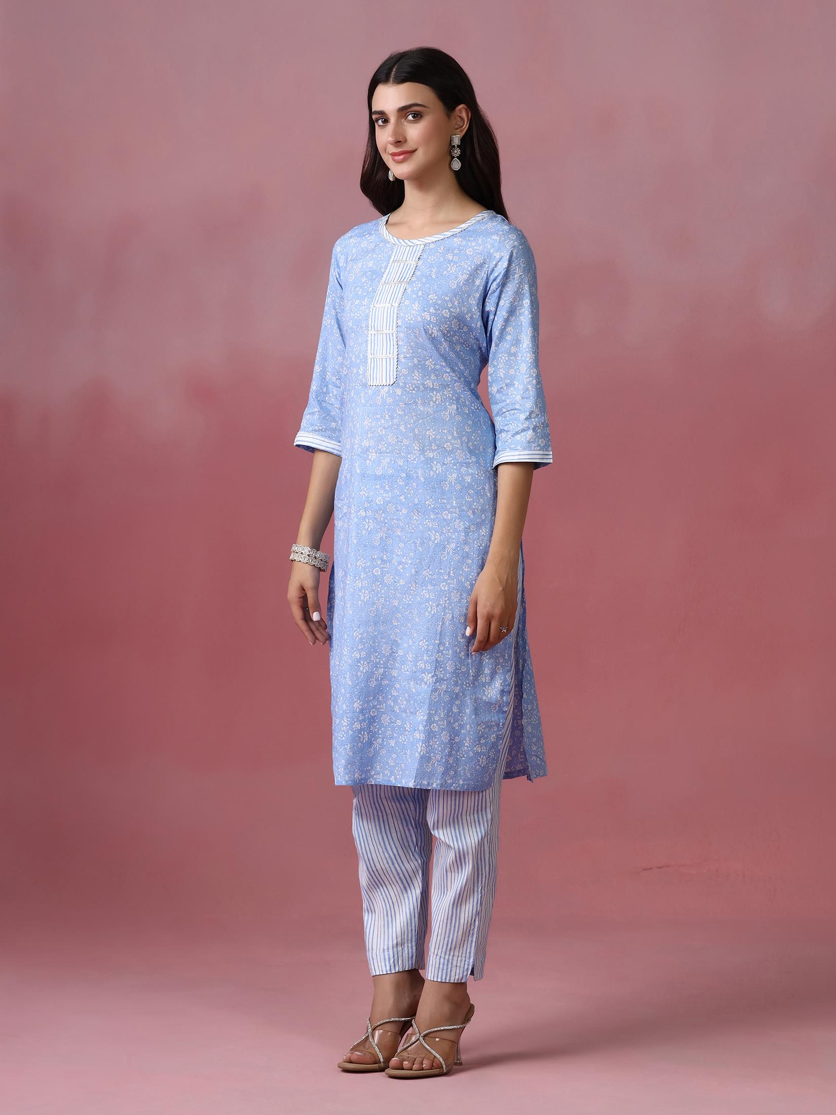 Women Cotton Blue Printed Kurta Trouser Dupatta.