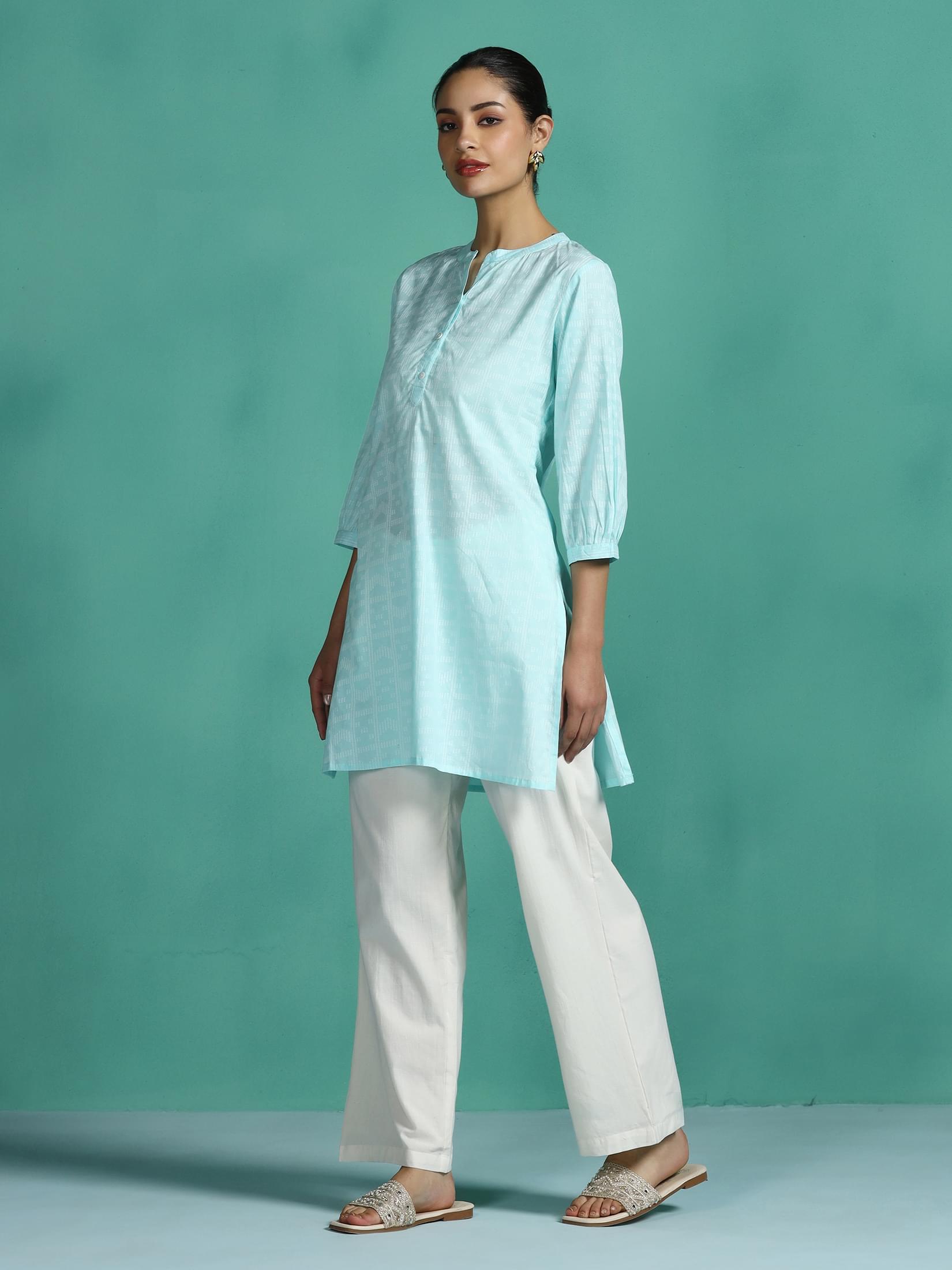 Women Cotton Aqua Stripe Print Tunic.