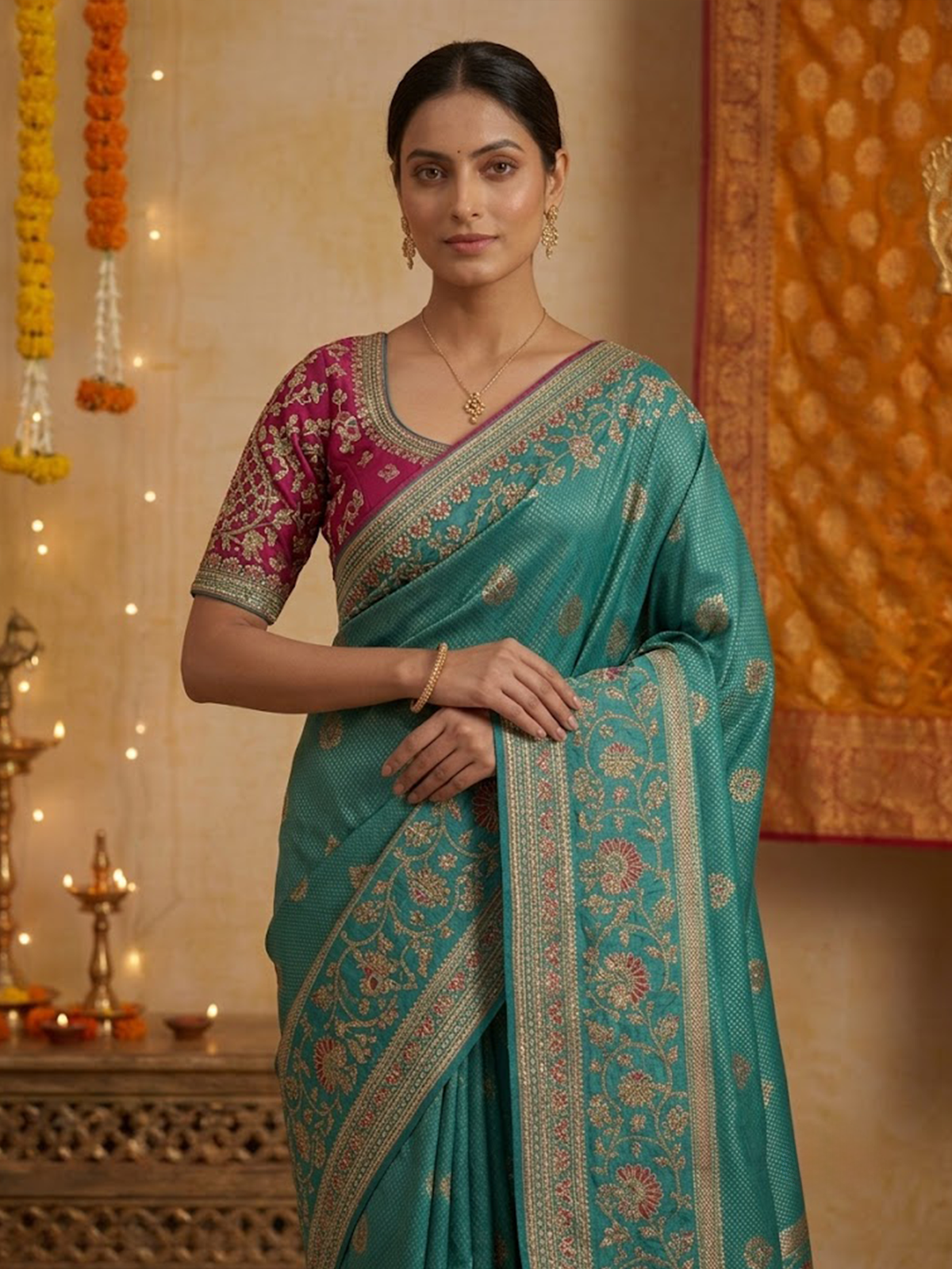 Women Peacock Blue Viscose Saree With Stitch Blouse