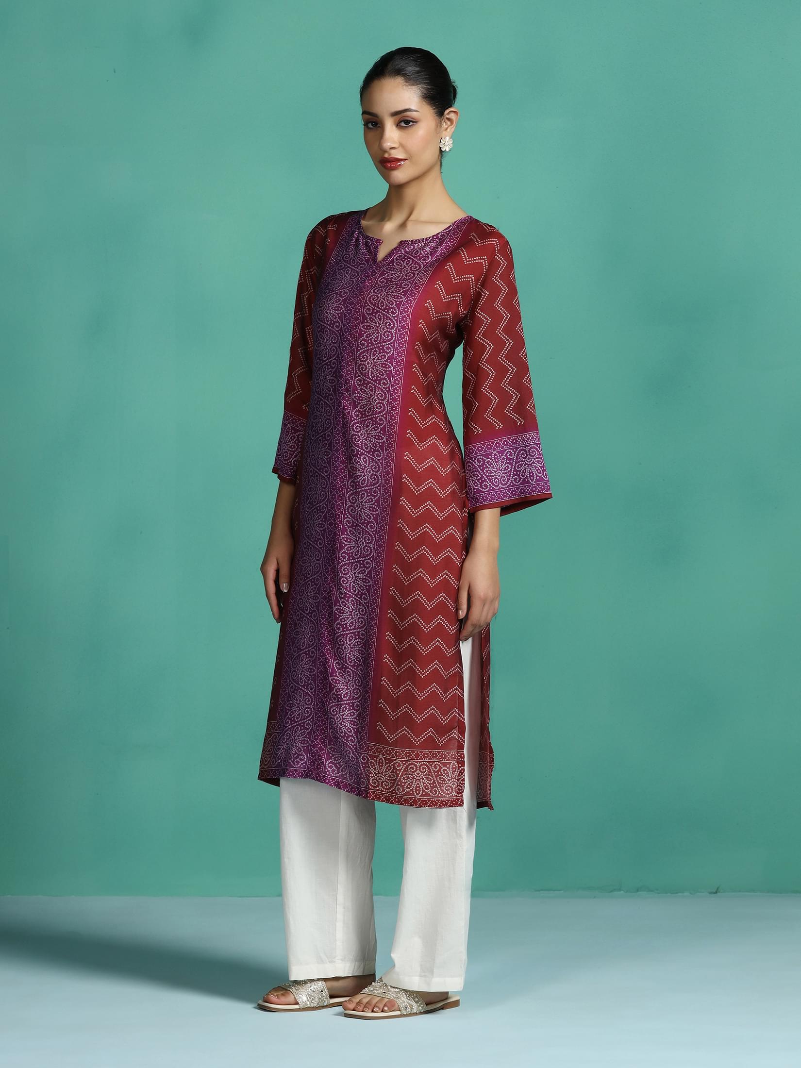 Women Chanderi Purple Printed Kurta.
