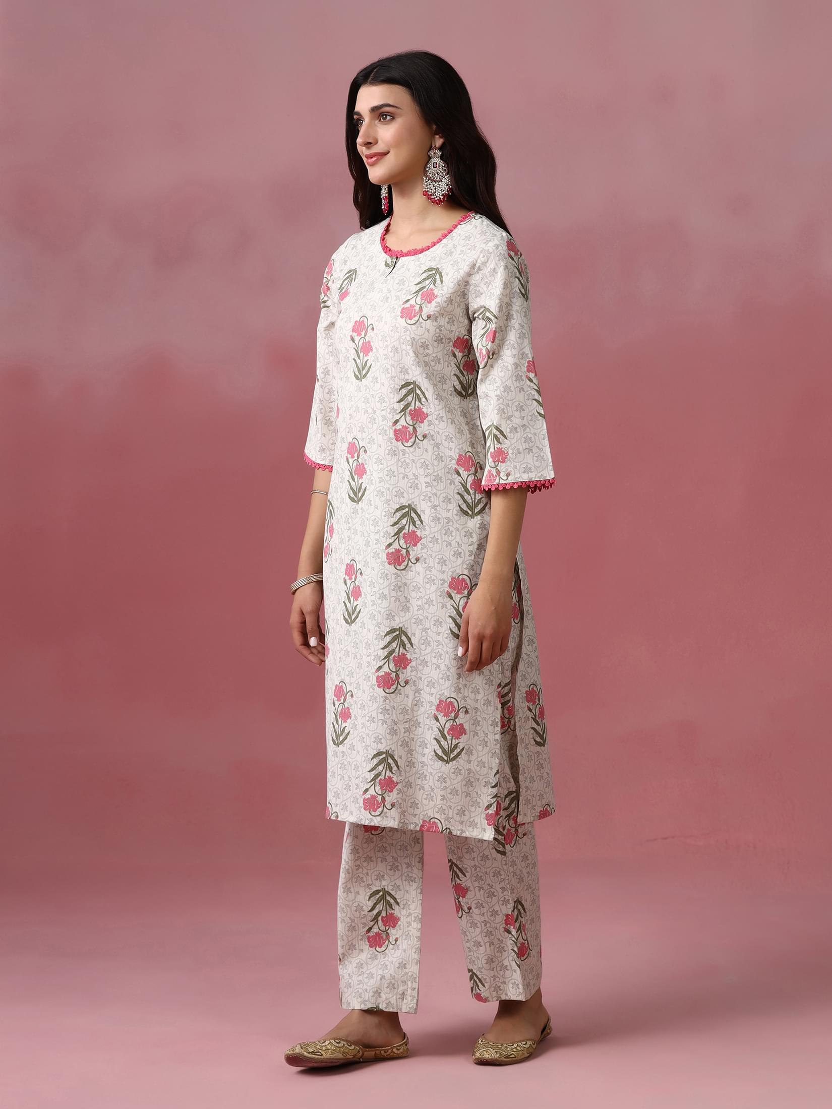 Women Cotton Flex Off White Printed Kurta Comfort Pant Dupatta.