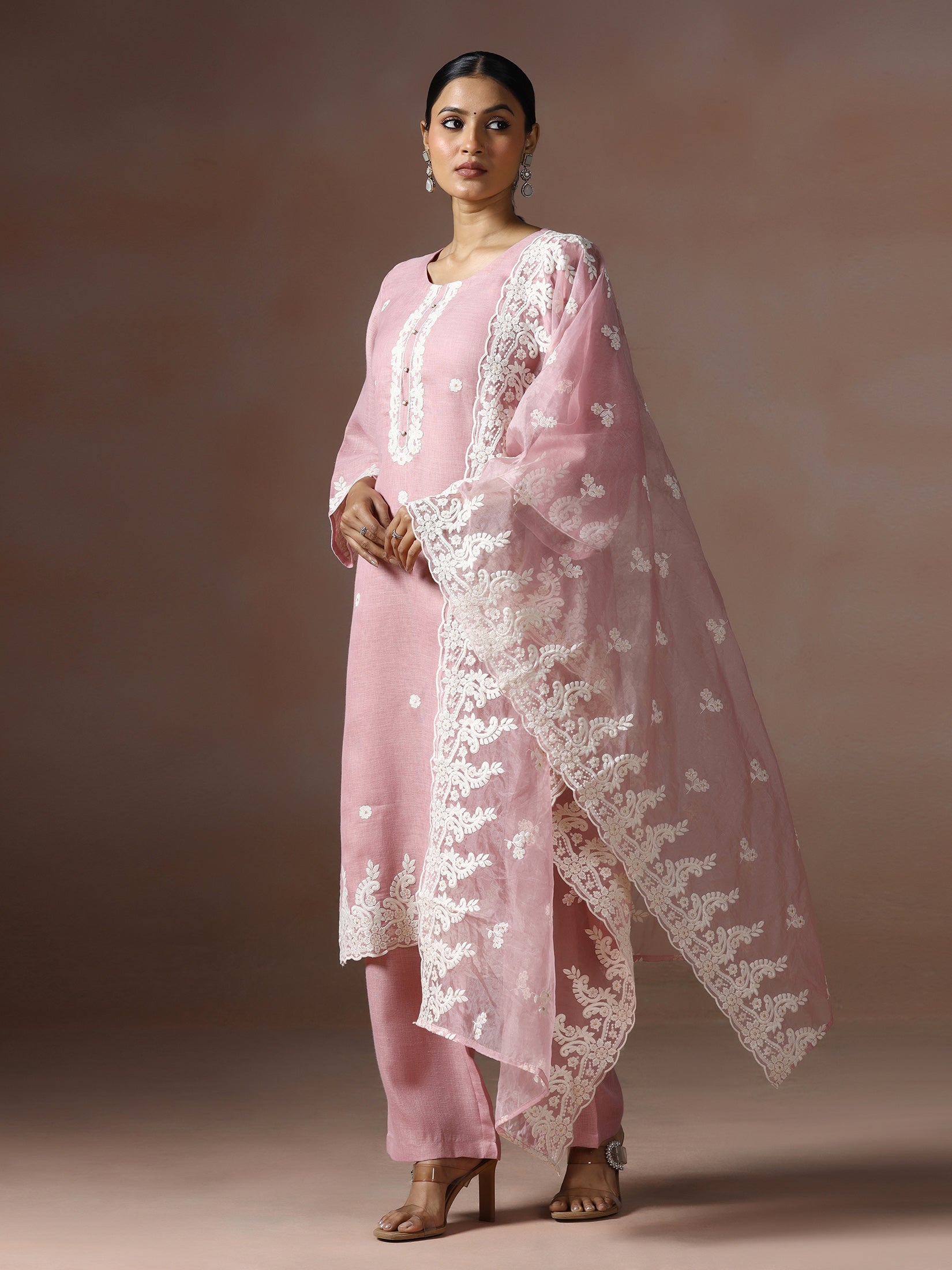 Women Linen Pink Solid embroidered Kurta Comfort Pant Dupatta