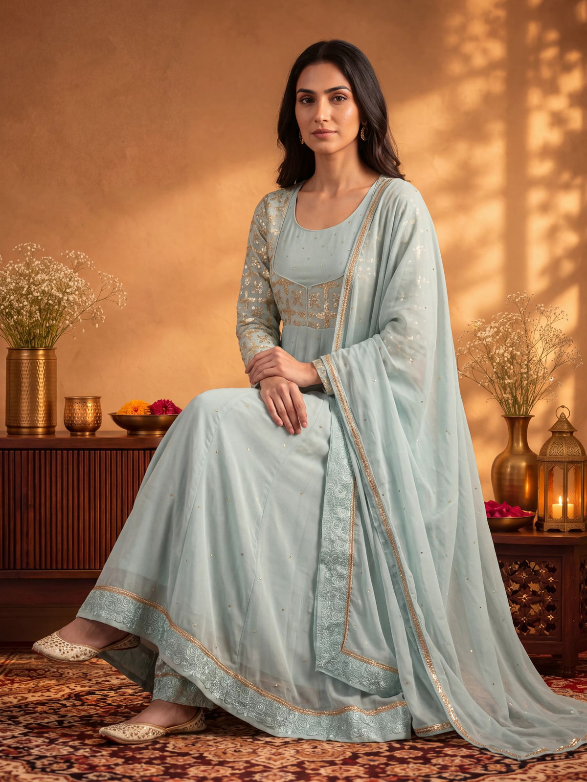 Women Ice Blue Georgette Embroidered Dress With Dupatta