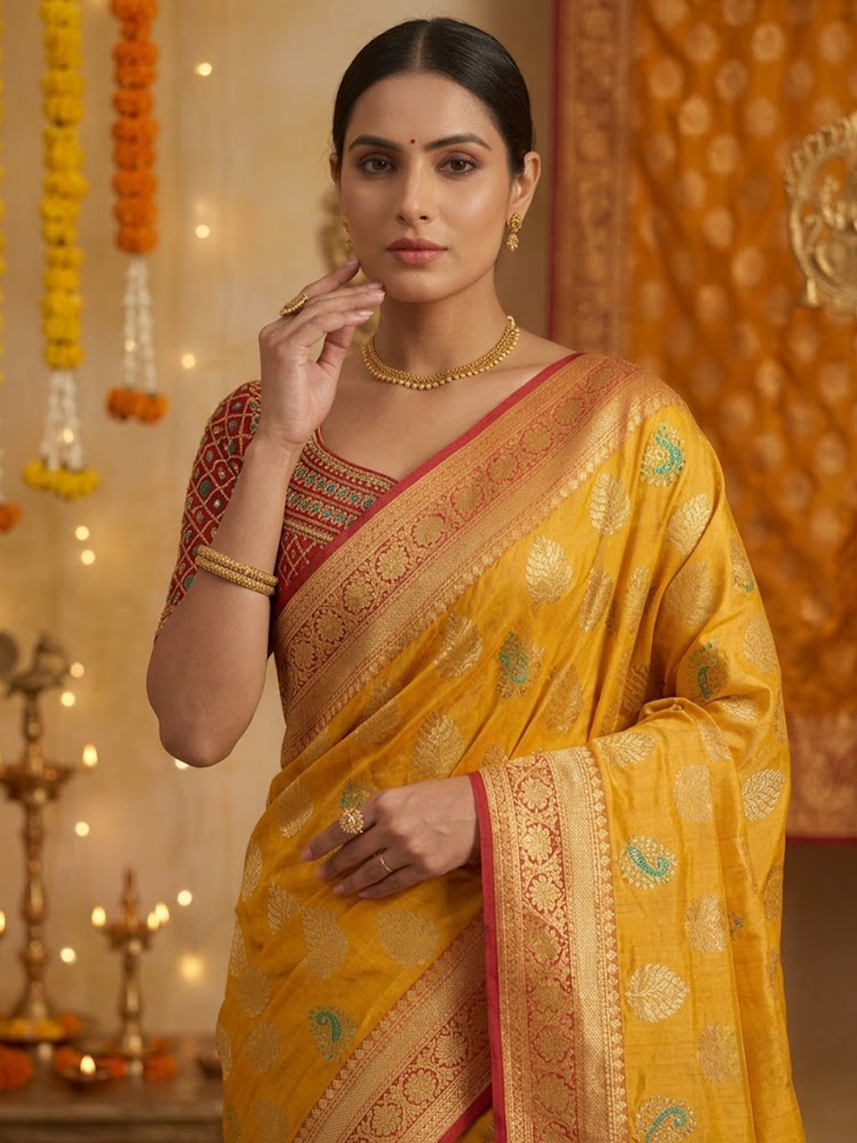 Women Viscose Yellow And Red Saree With Stitch Blouse