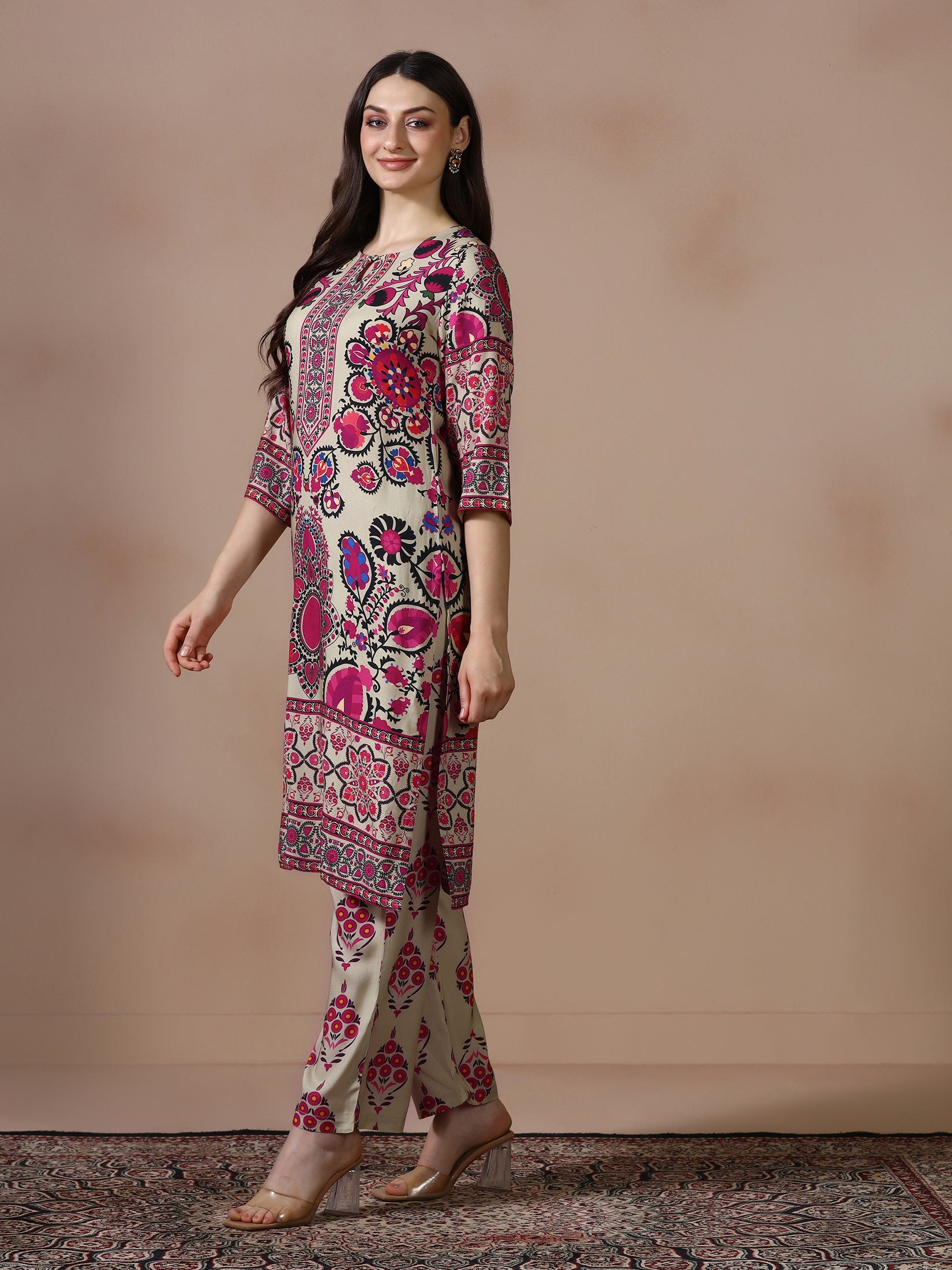 Women Liva Beige Printed Kurta With Comfort Pant