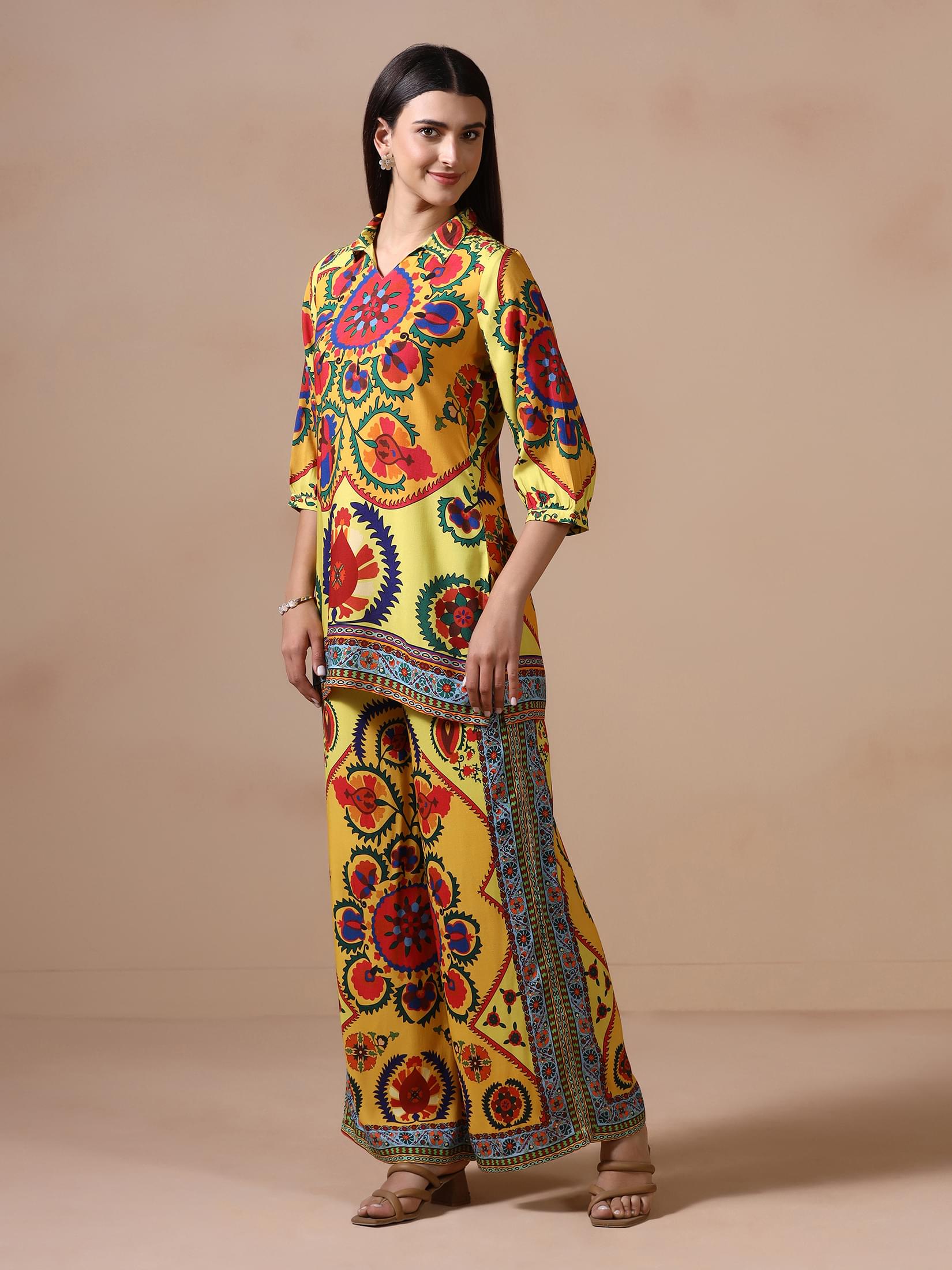 Women Liva Yellow Printed Co Ord Set.