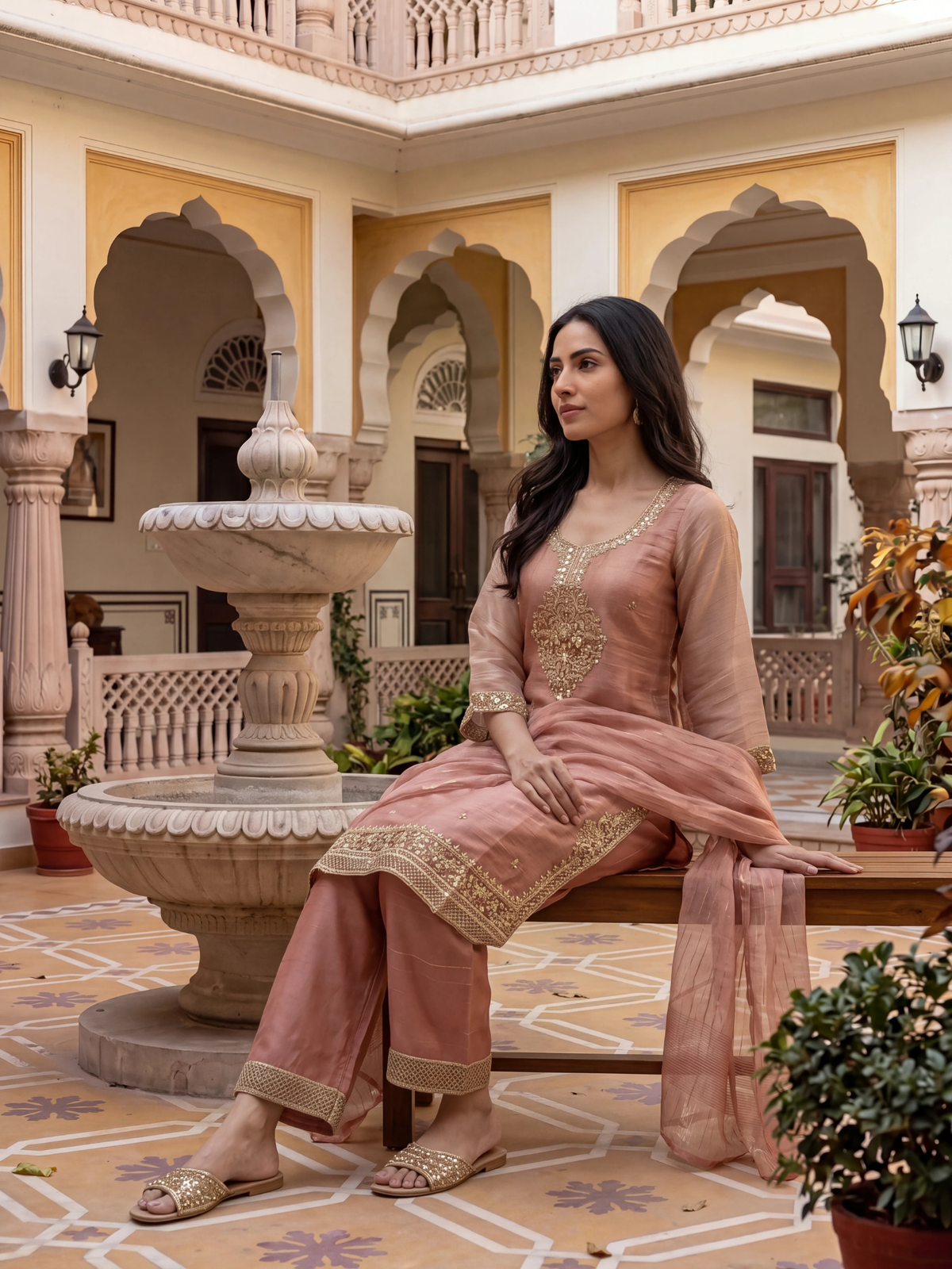 Women Peach Poly Viscose Tissue Floral Embrodery Kurta Palazzo Dupatta