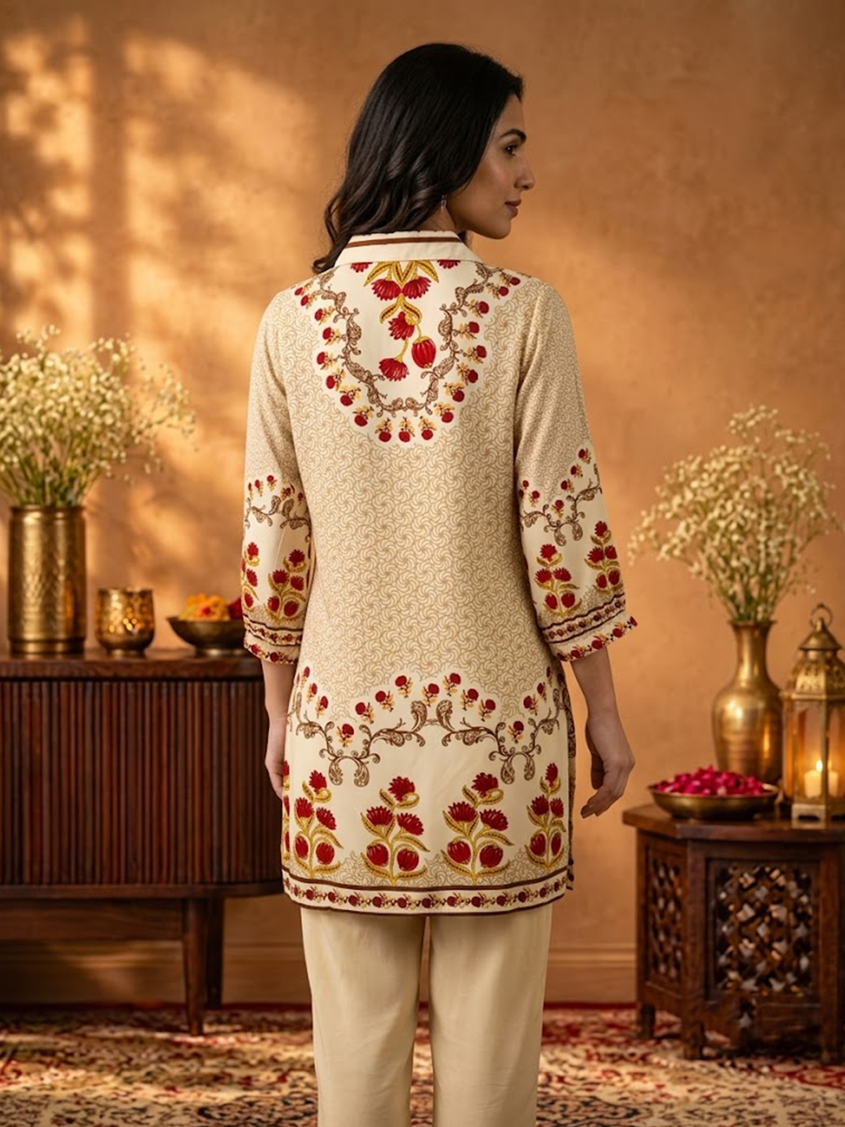 Women Off White Rayon Floral Tunic