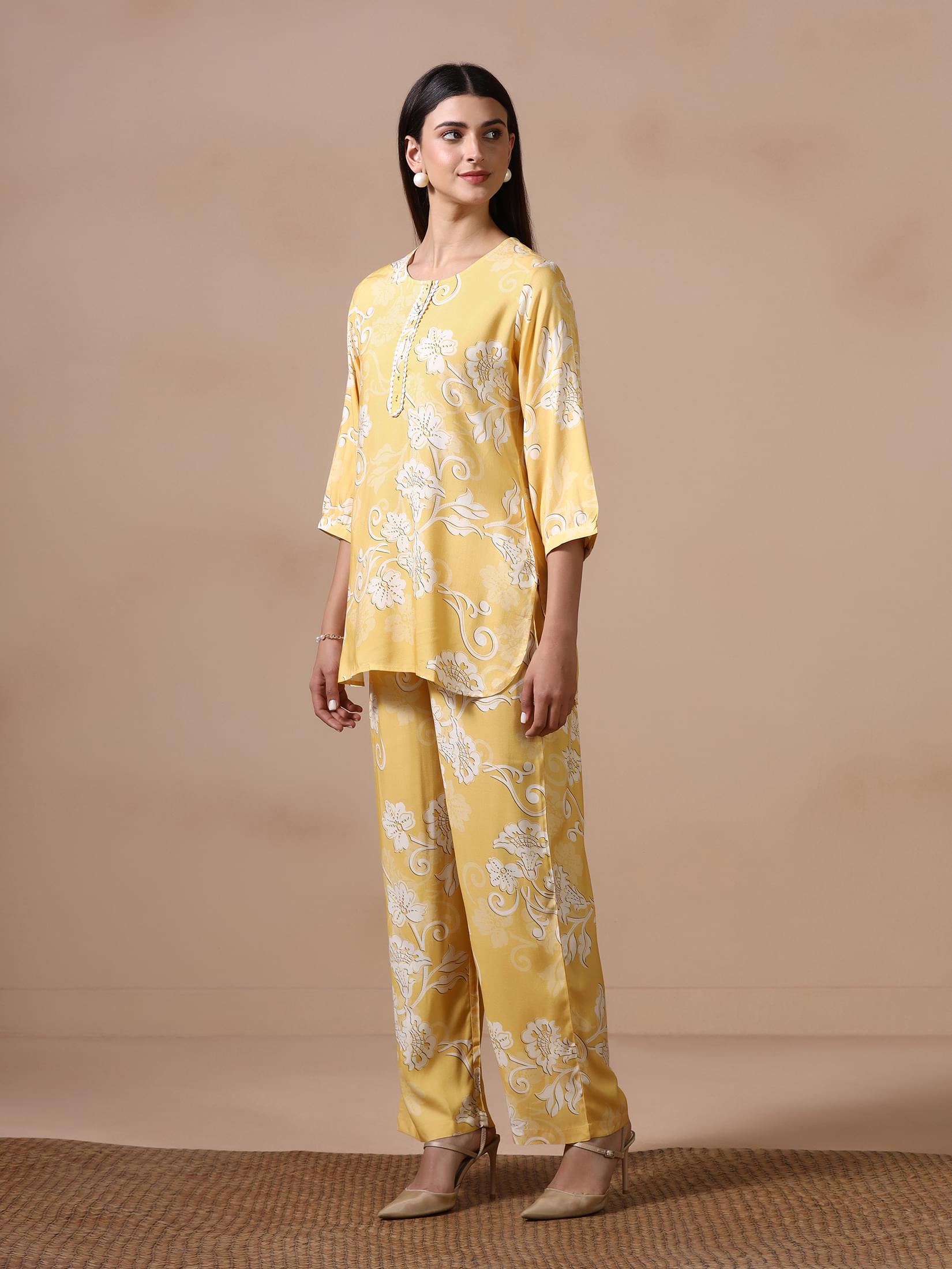Women Liva Yellow Floral Print Co Ord Set.