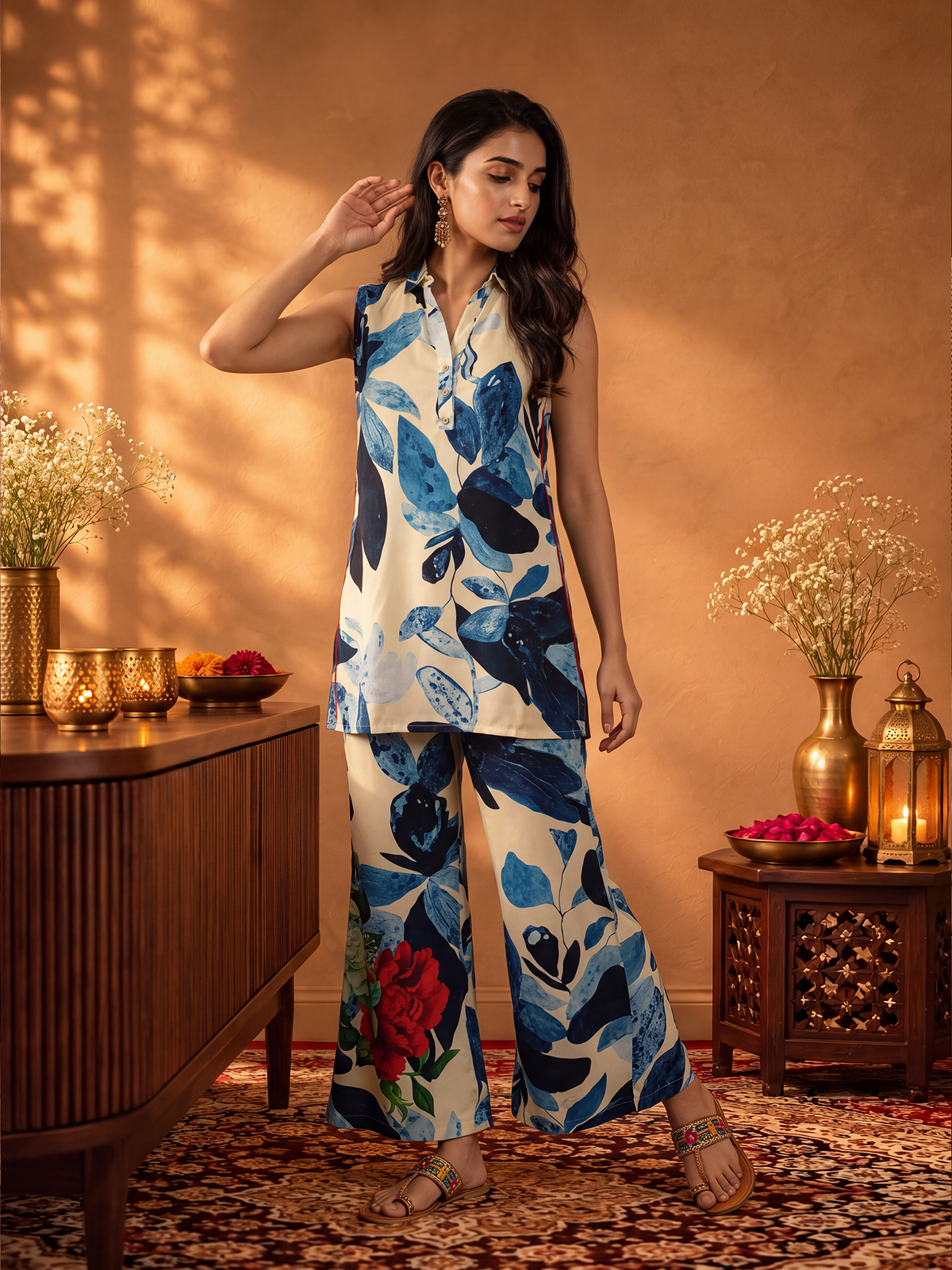 Women Off White & Blue Rayon Leaf Co-Ord Set
