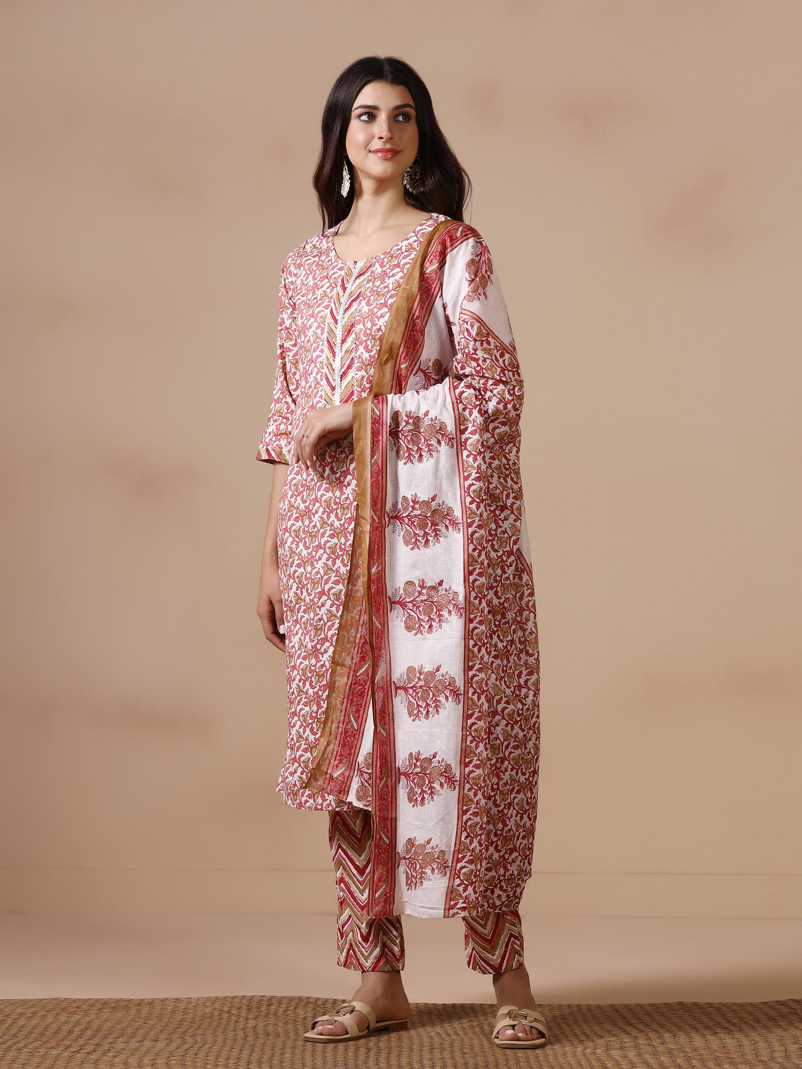 Women Cotton Maroon Printed Kurta Trouser Dupatta.