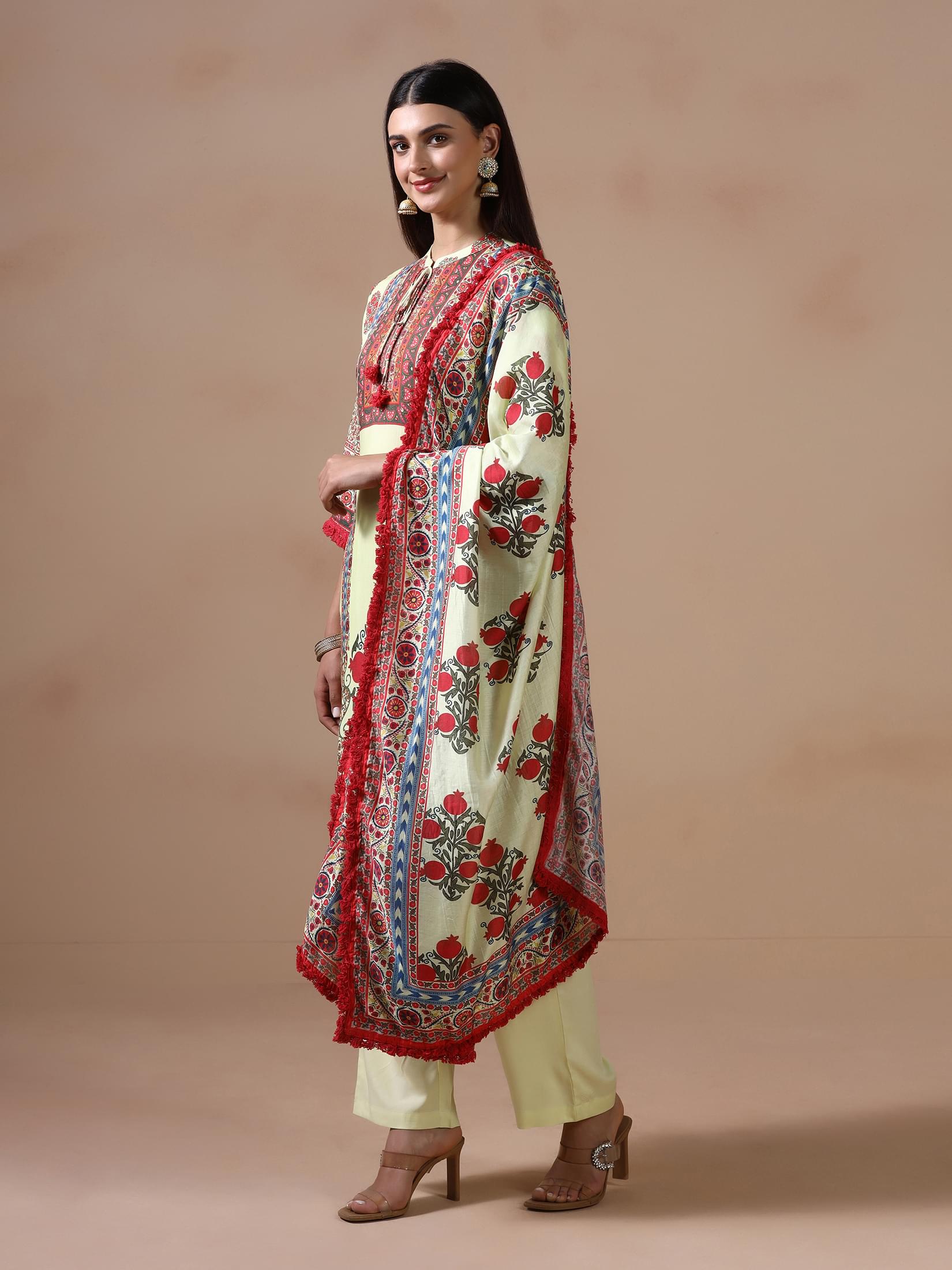 Women Liva Lime Yellow Printed Kurta Comfort Pant Dupatta.