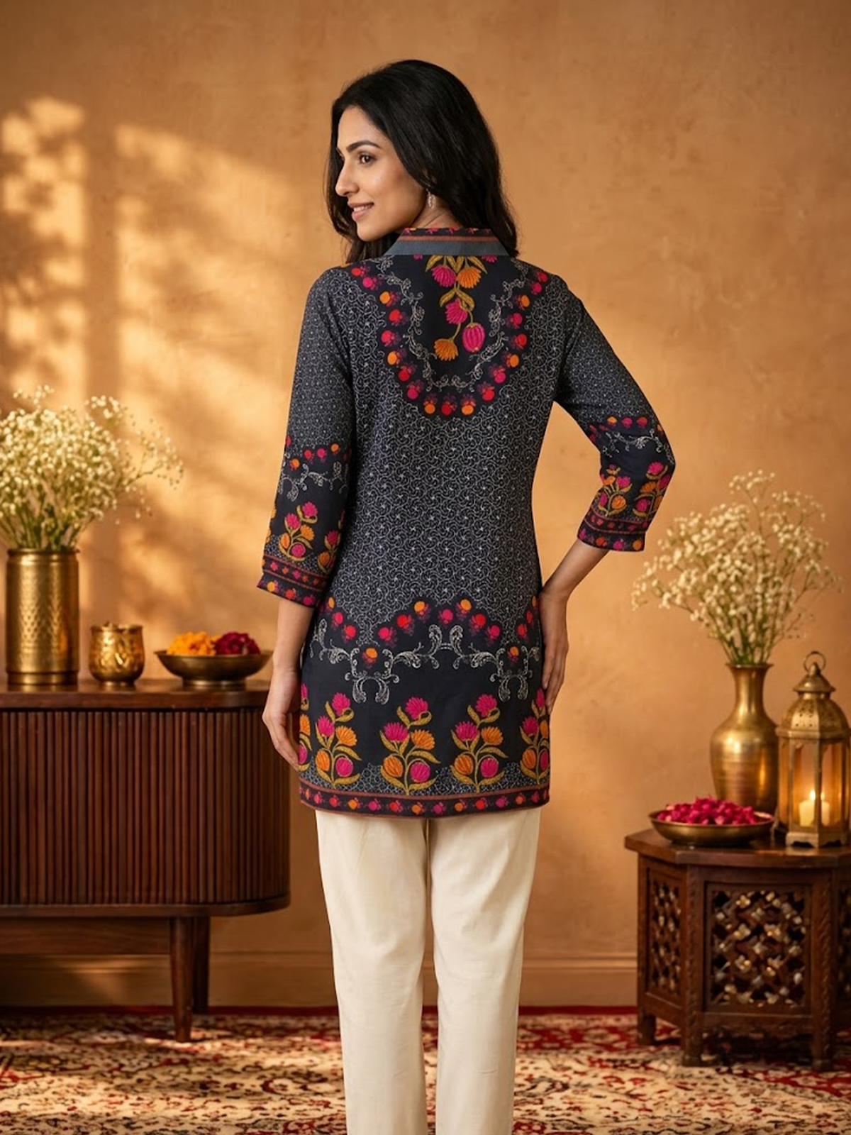 Women Black Rayon Floral Tunic