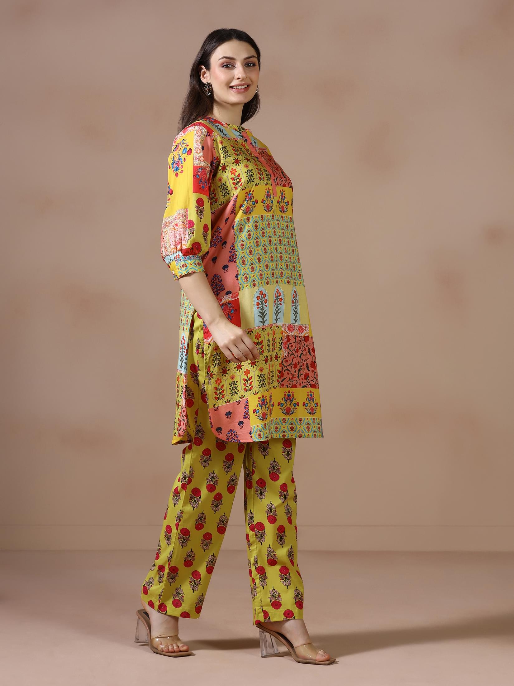 Women Cotton Mustard Printed Kurta With Comfort Pant.