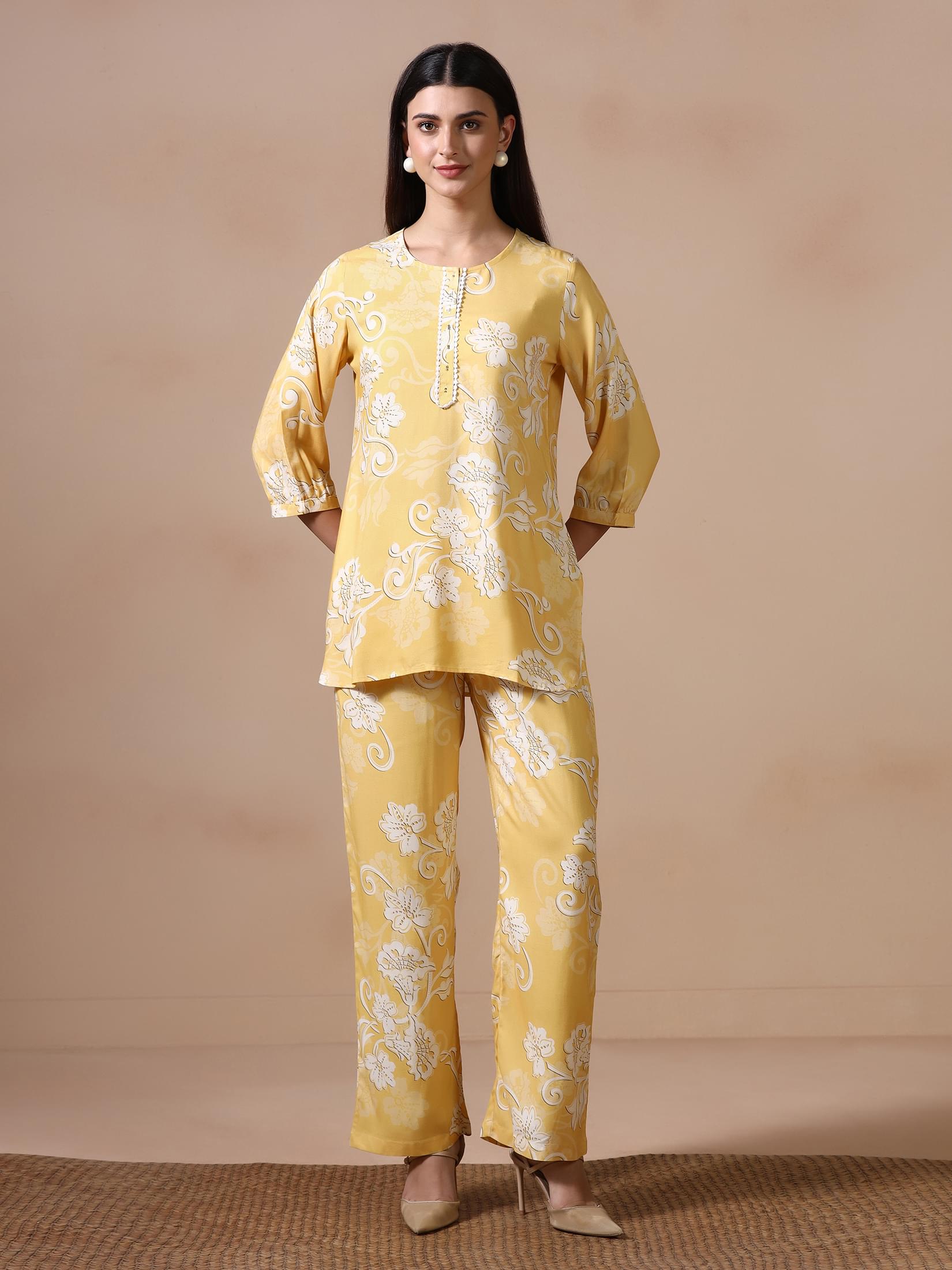 Women Liva Yellow Floral Print Co Ord Set.