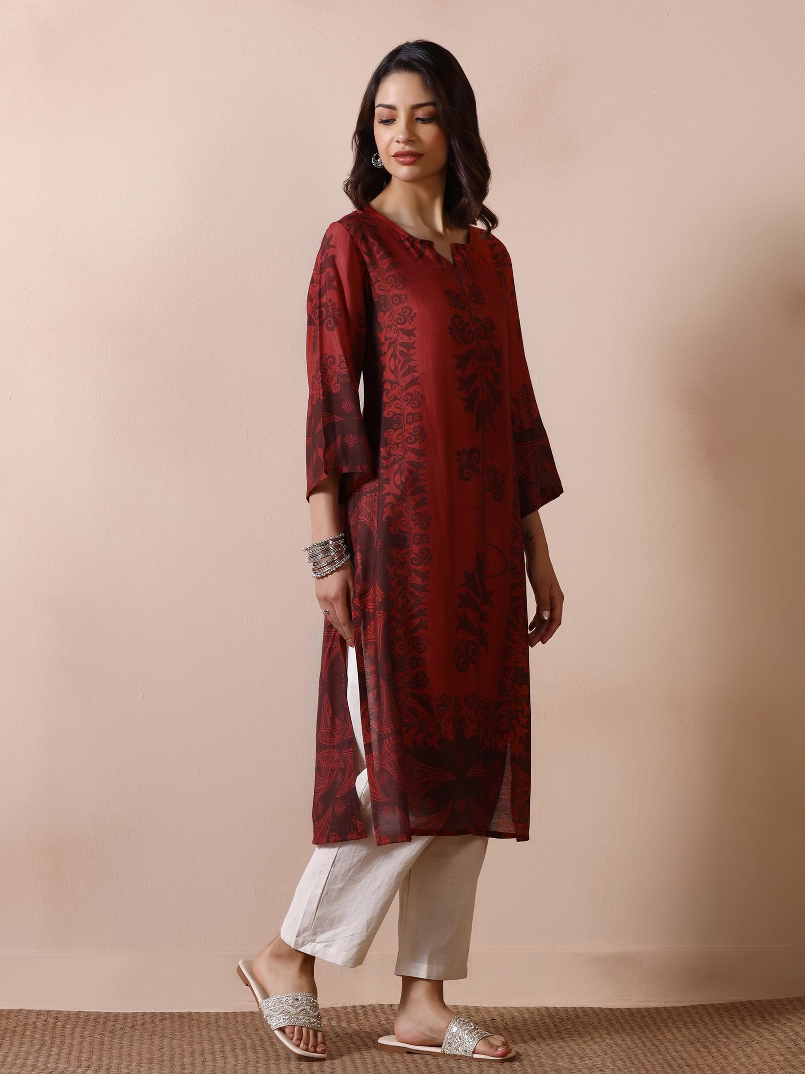 Women Chanderi Rust Printed Kurta.