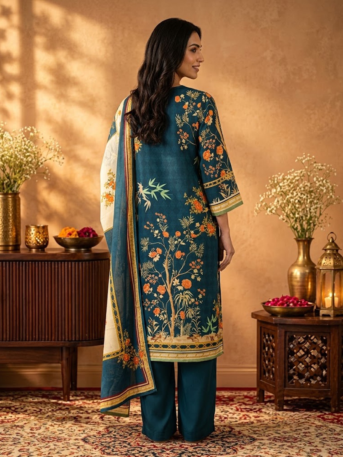 Women Dark Blue Rayon Floral Kurta Comfort Pant Dupatta