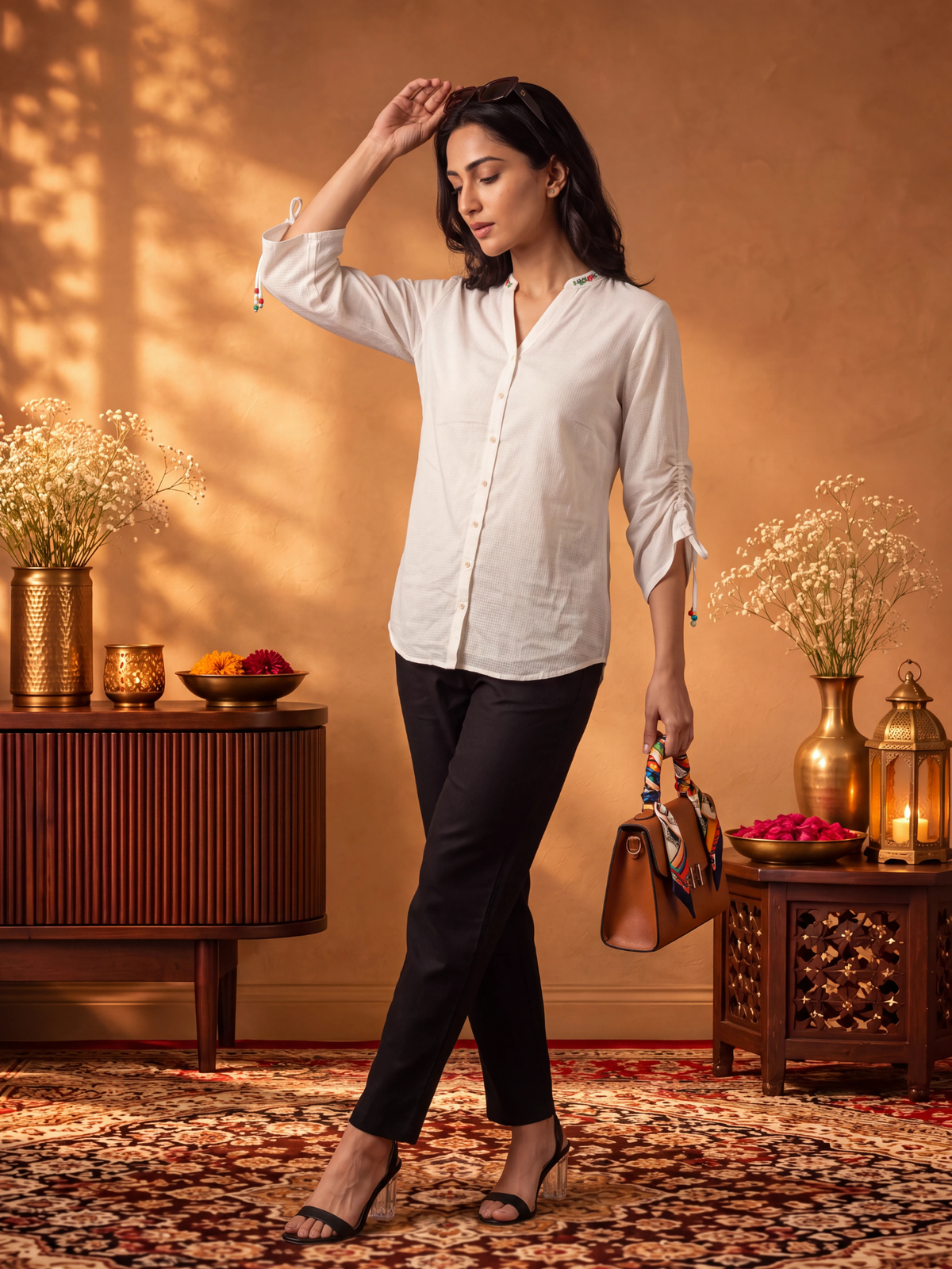Women Off White Cotton Dobby Solid Top