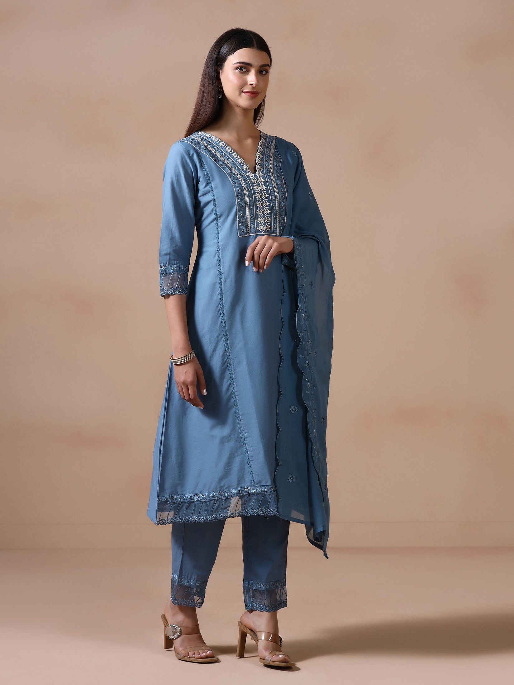 Women Cotton Blue Embroidered Kurta Comfort Pant Dupatta