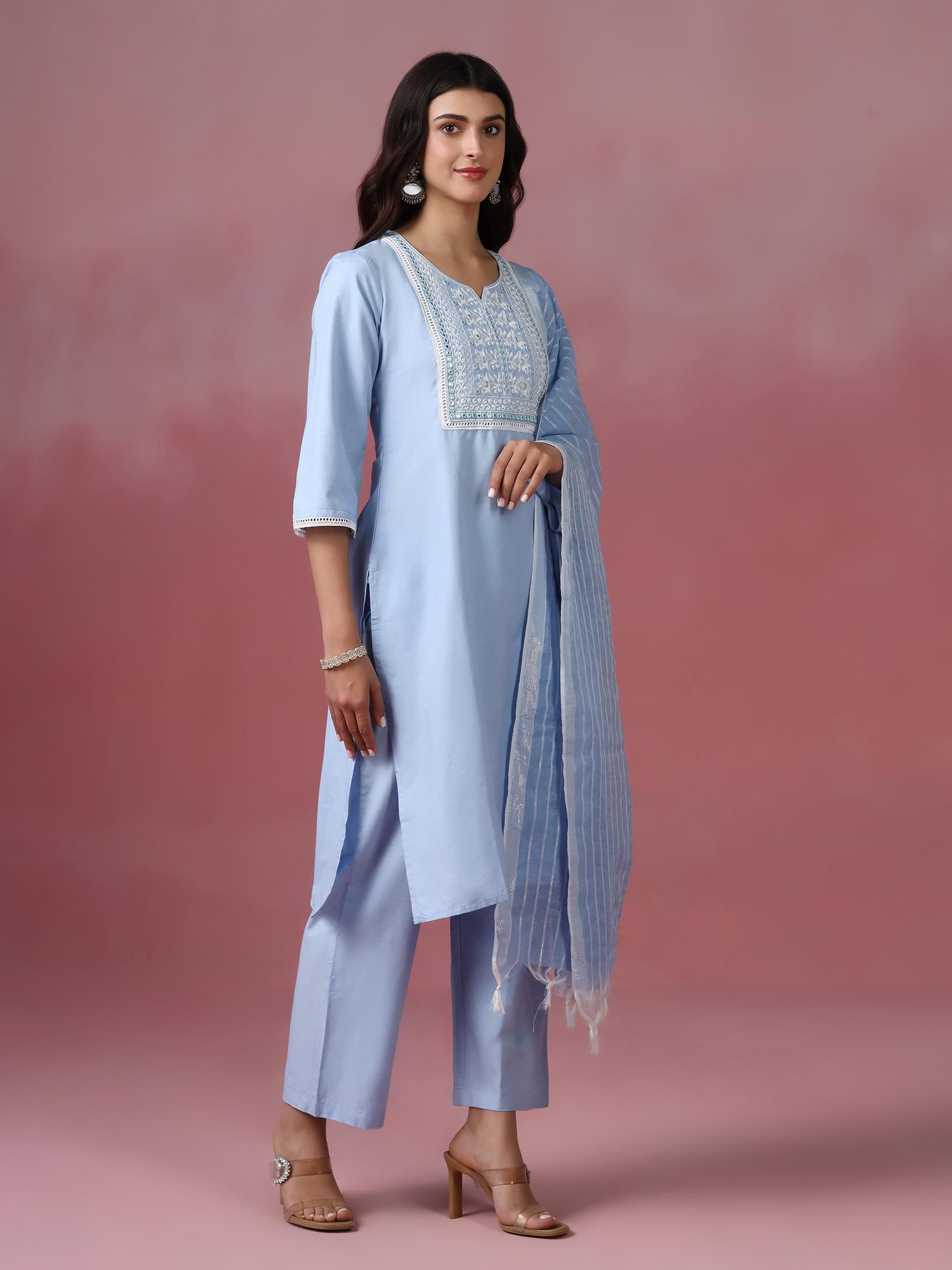 Women Poly Cotton Blue Embroidered Kurta Comfort Pant Dupatta.