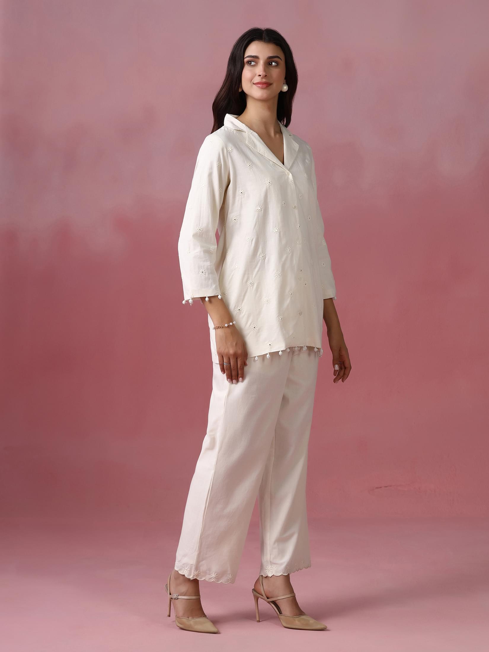 Women Cotton Off White With Embroidered Work Co Ord Set.