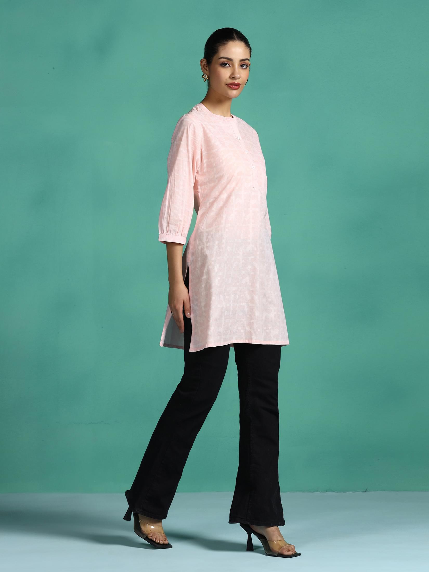 Women Cotton Peach Stripe Print Tunic.