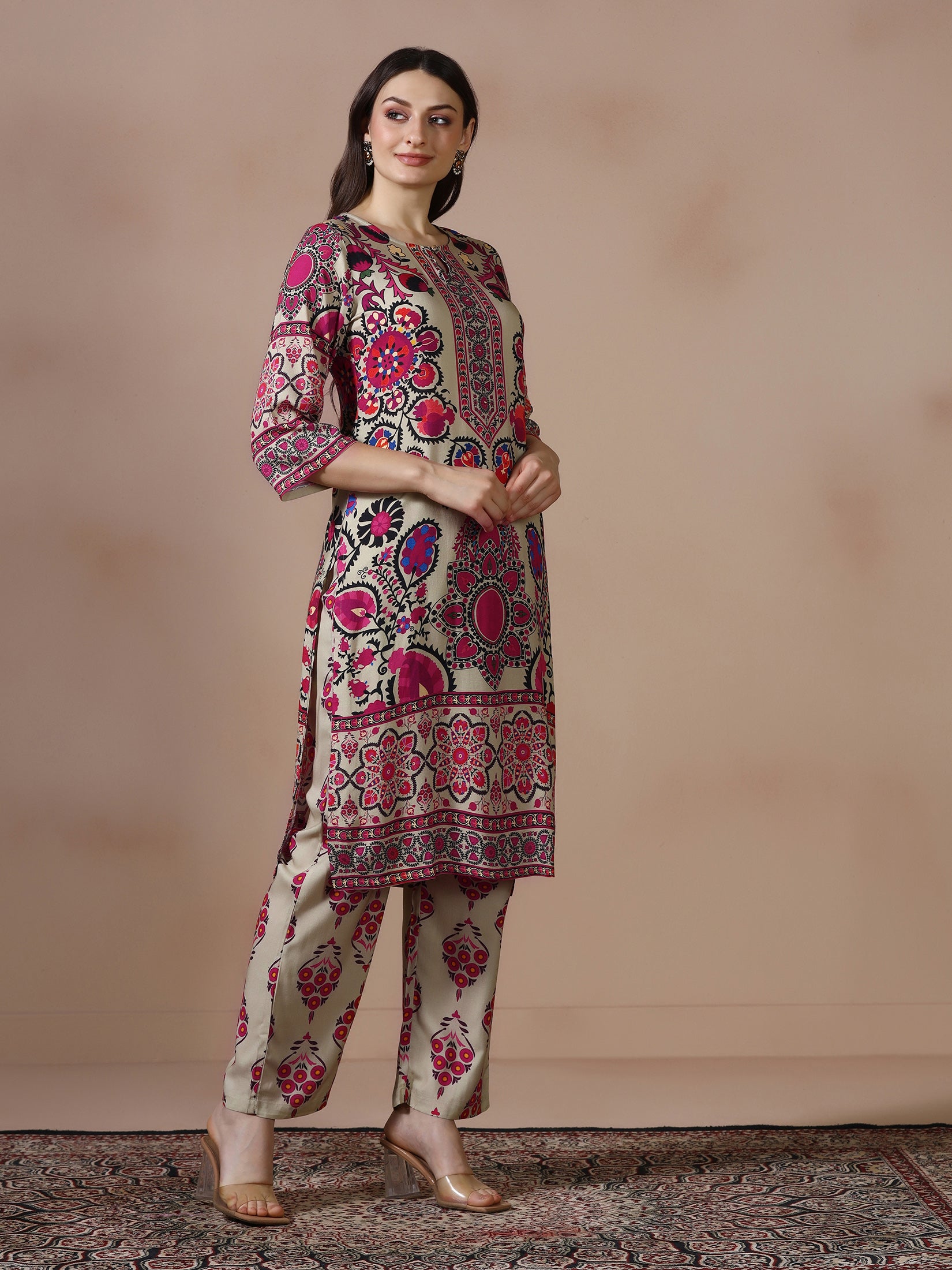 Women Liva Beige Printed Kurta With Comfort Pant