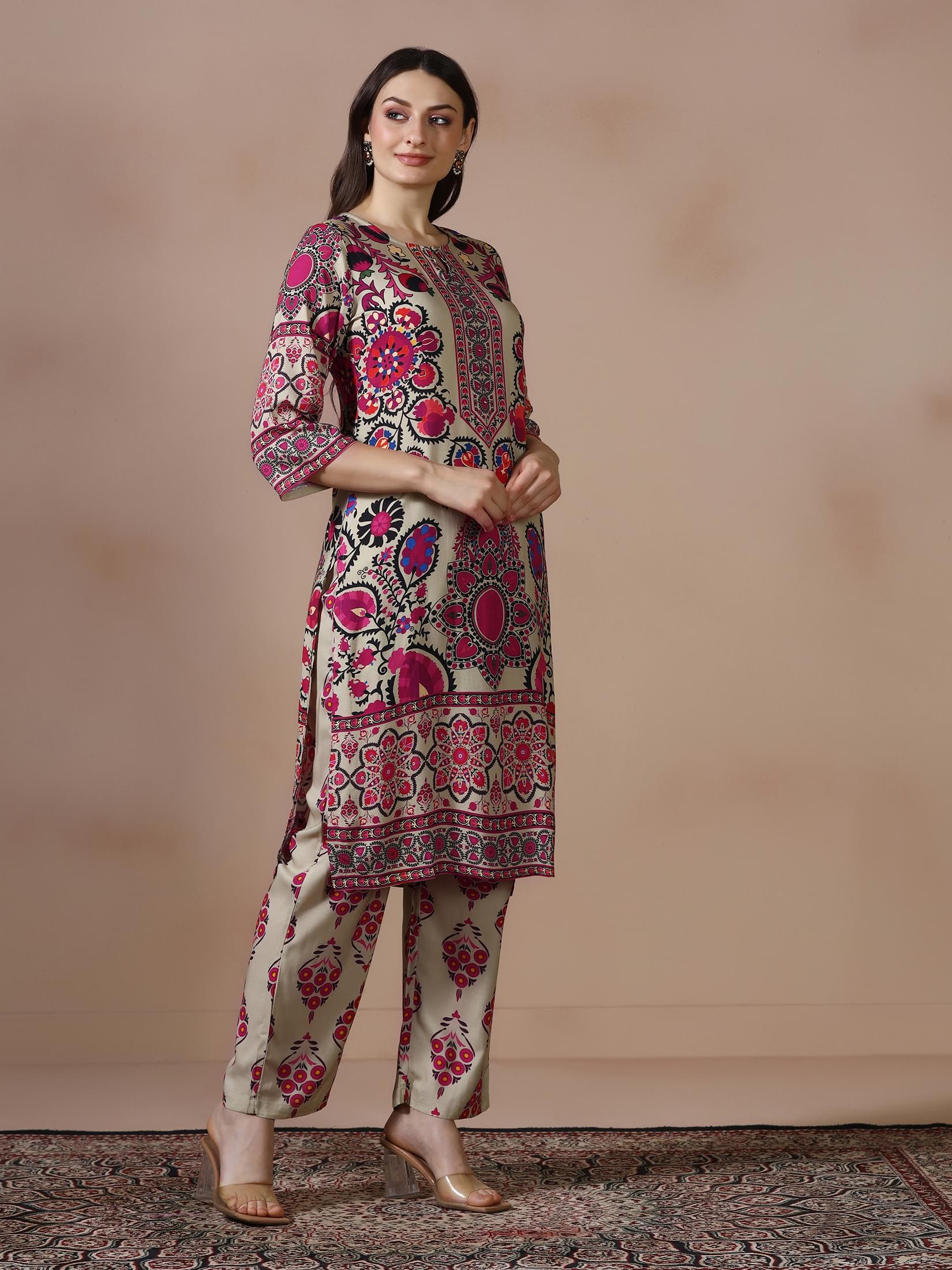 Women Liva Beige Printed Kurta With Comfort Pant.