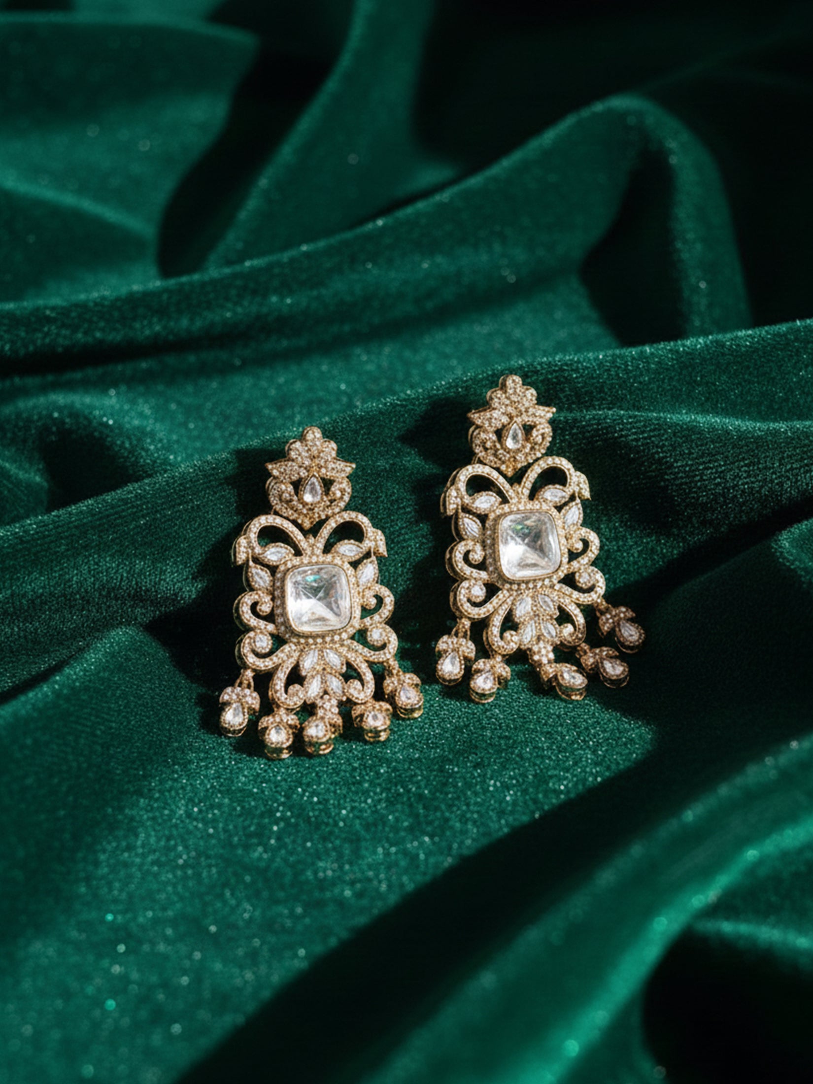 Square Polki Stone Chandelier Earrings