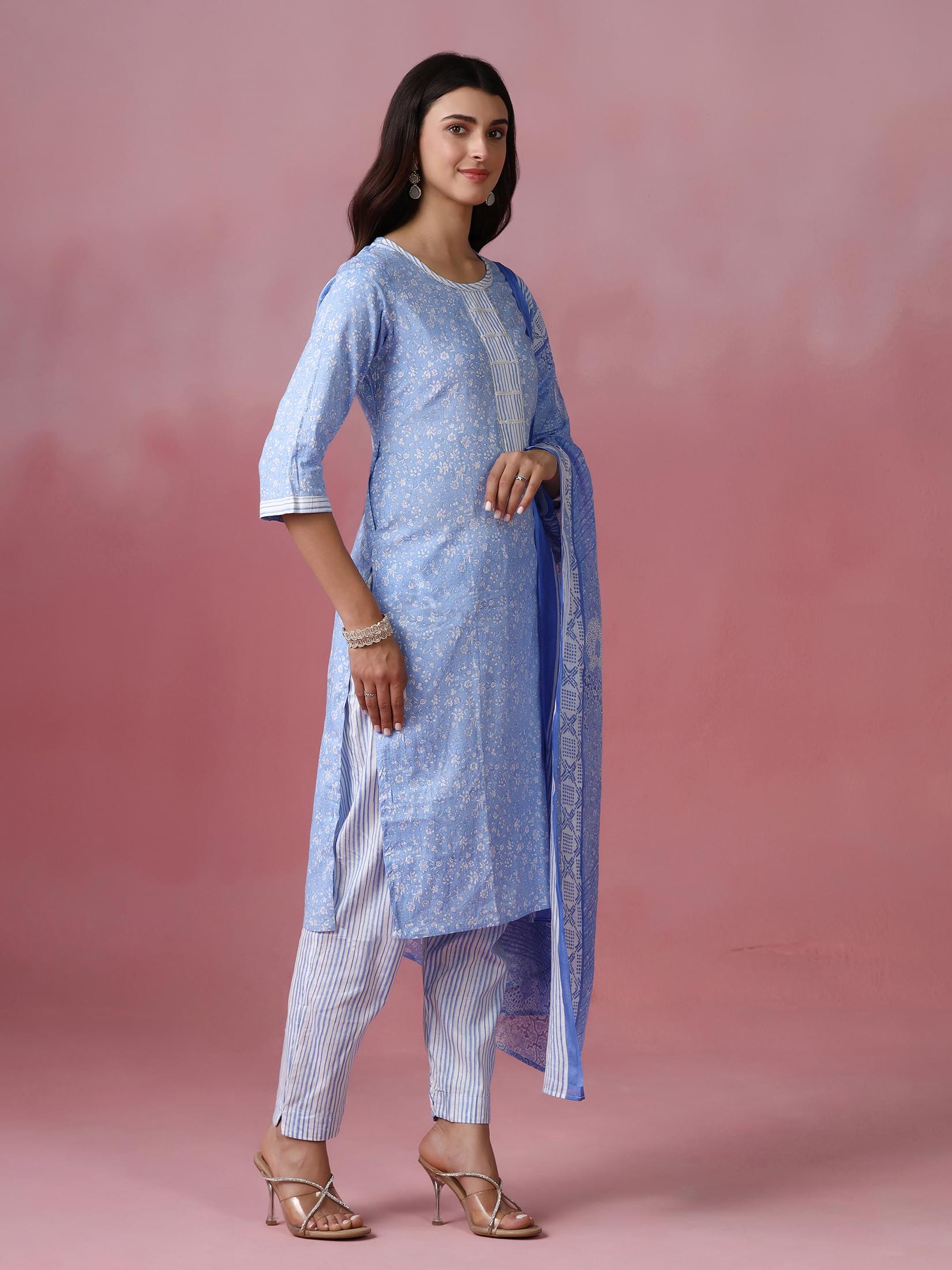 Women Cotton Blue Printed Kurta Trouser Dupatta.