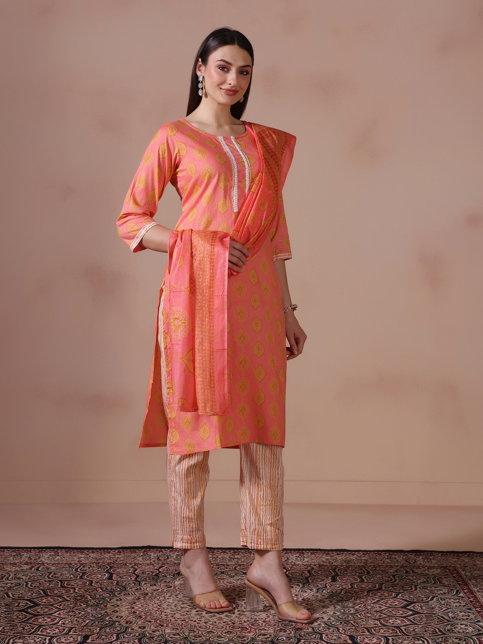 Women Cotton Pink Printed Kurta Trouser Dupatta