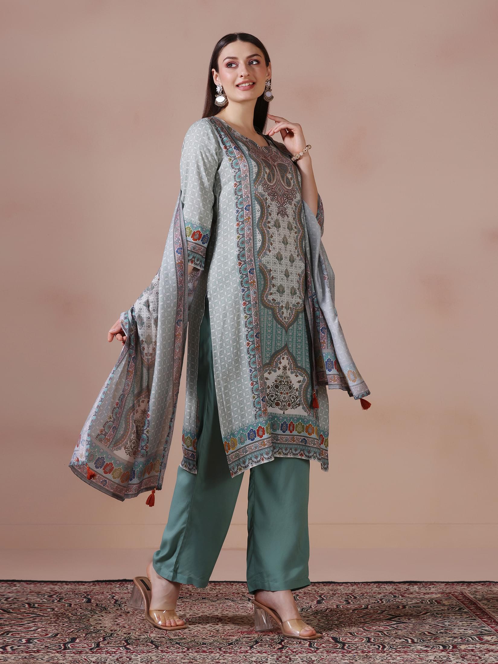 Women Liva Aqua Green Multi Printed Kurta Comfort Pant Dupatta.