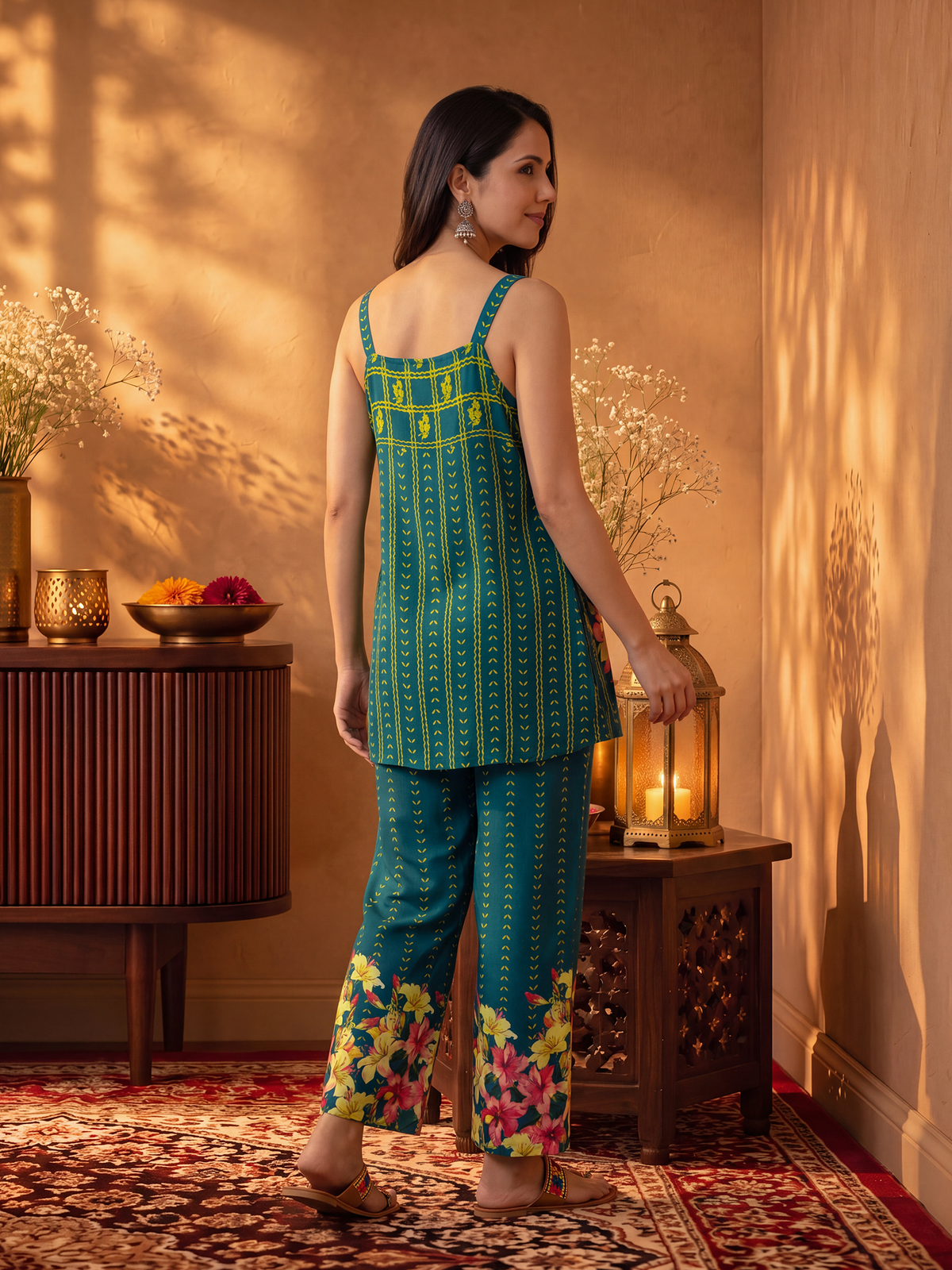 Women Teal Green Rayon Floral Co-Ord Set
