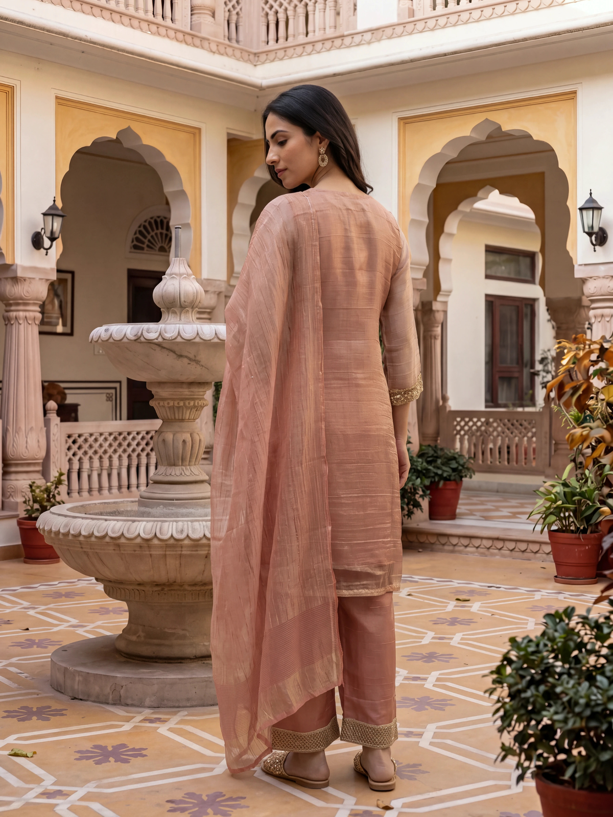 Women Peach Poly Viscose Tissue Floral Embrodery Kurta Palazzo Dupatta