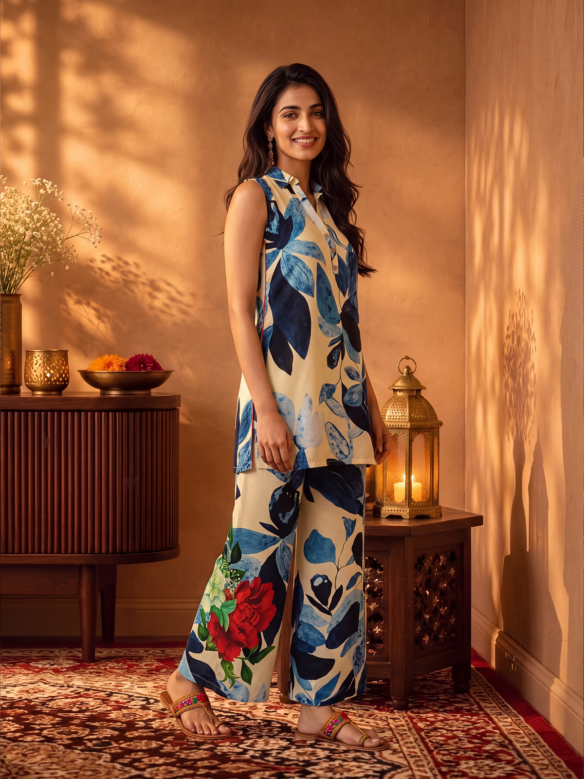 Women Off White & Blue Rayon Leaf Co-Ord Set