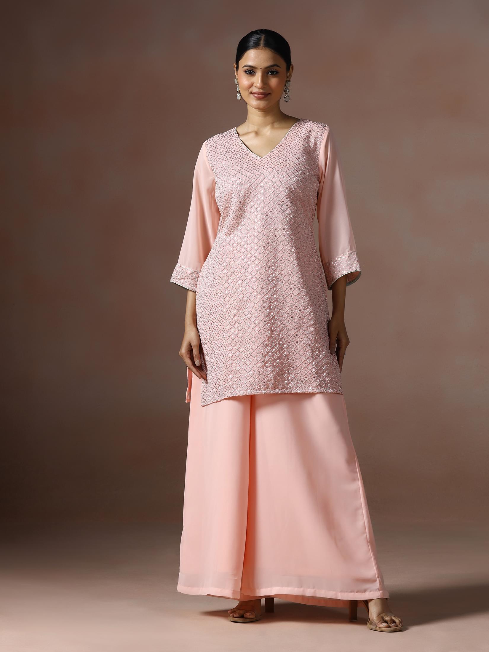 Women Georgette Pink Embroidered Kurta Split Pant Dupatta.
