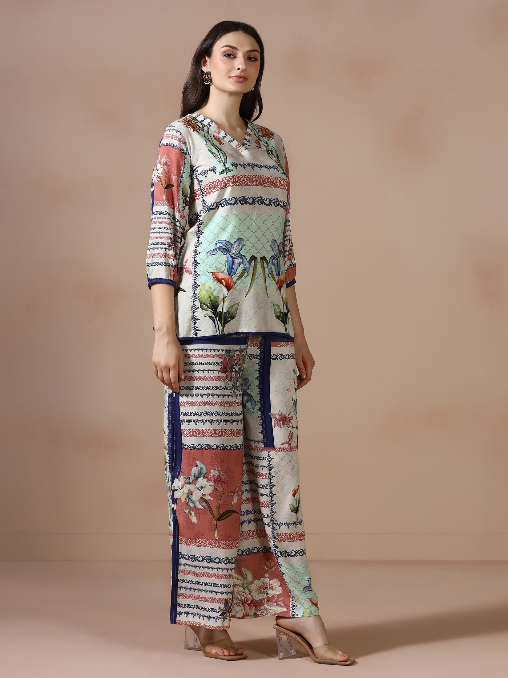 Women Liva Beige Printed Co Ord Set