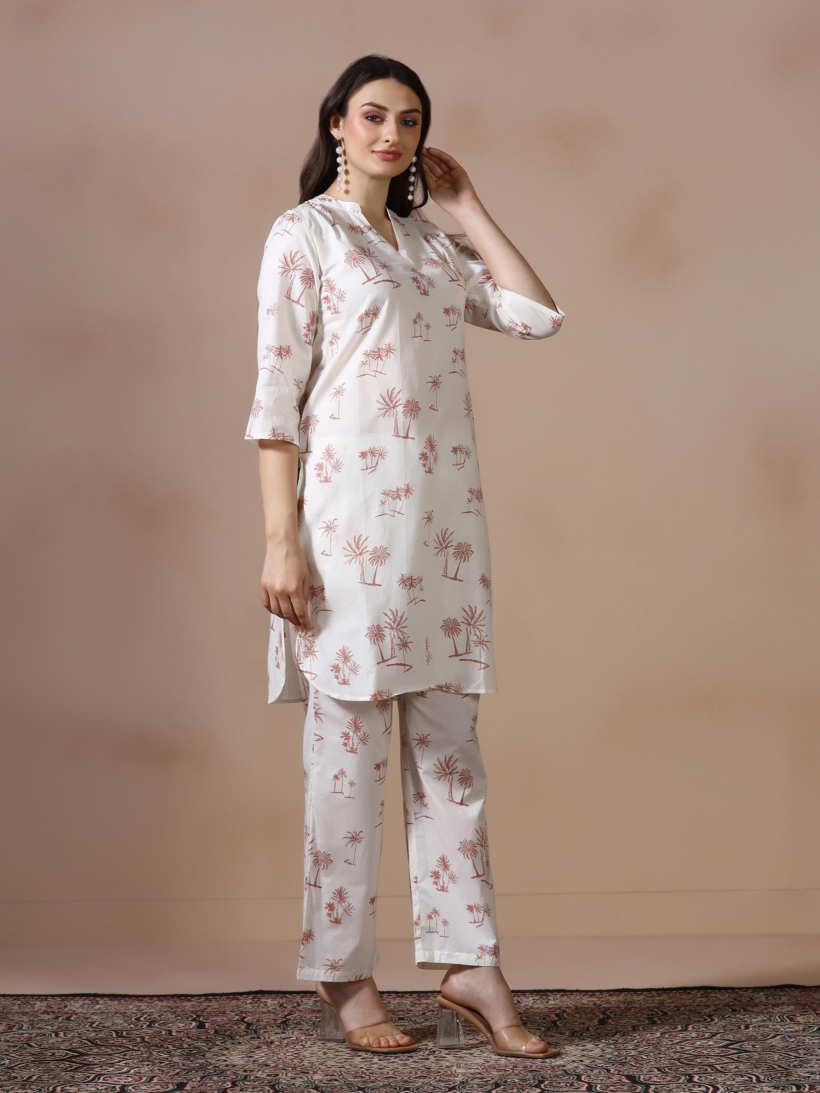 Women Cotton Off White Printed Kurta With Comfort Pant.