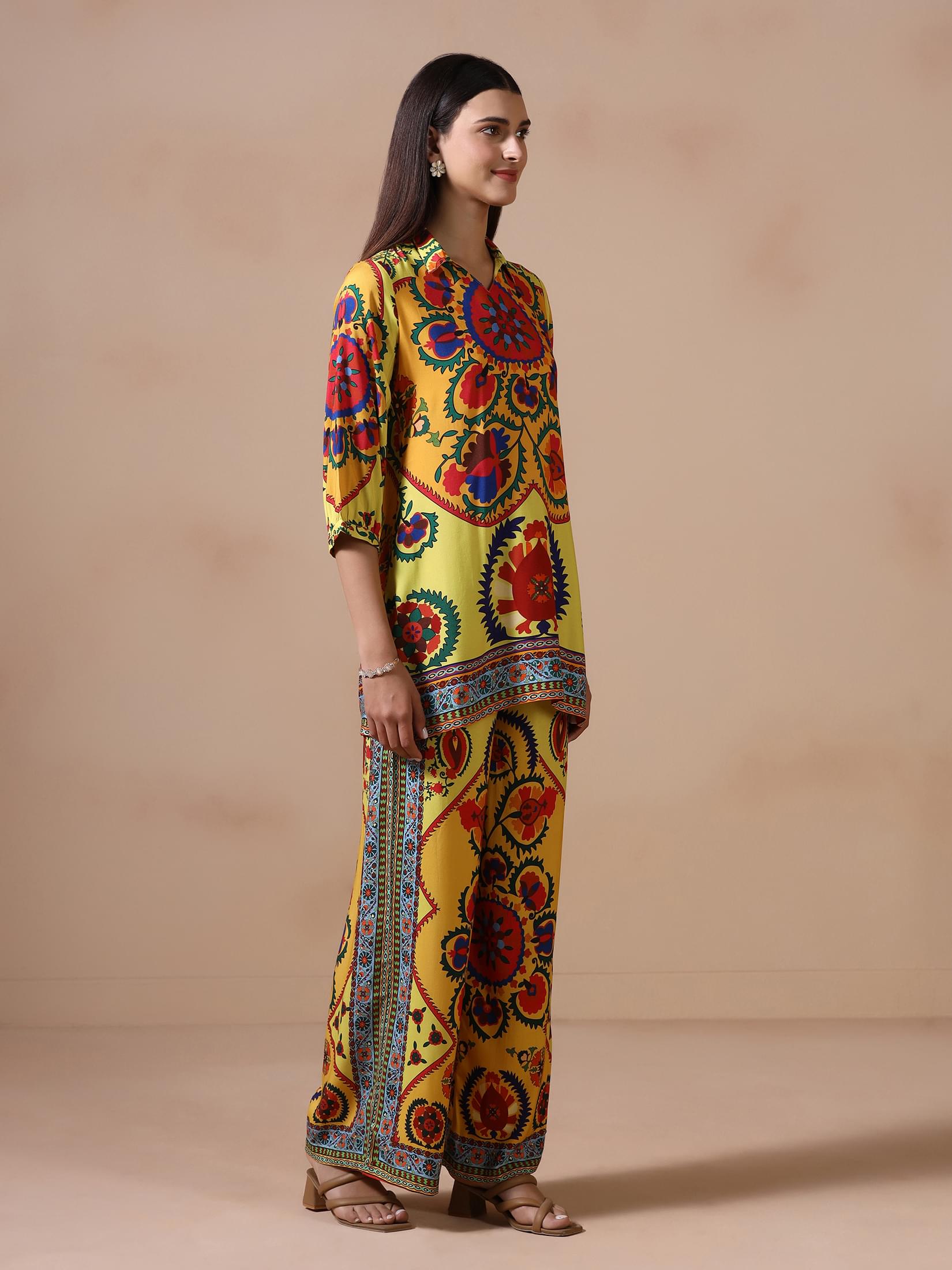 Women Liva Yellow Printed Co Ord Set.