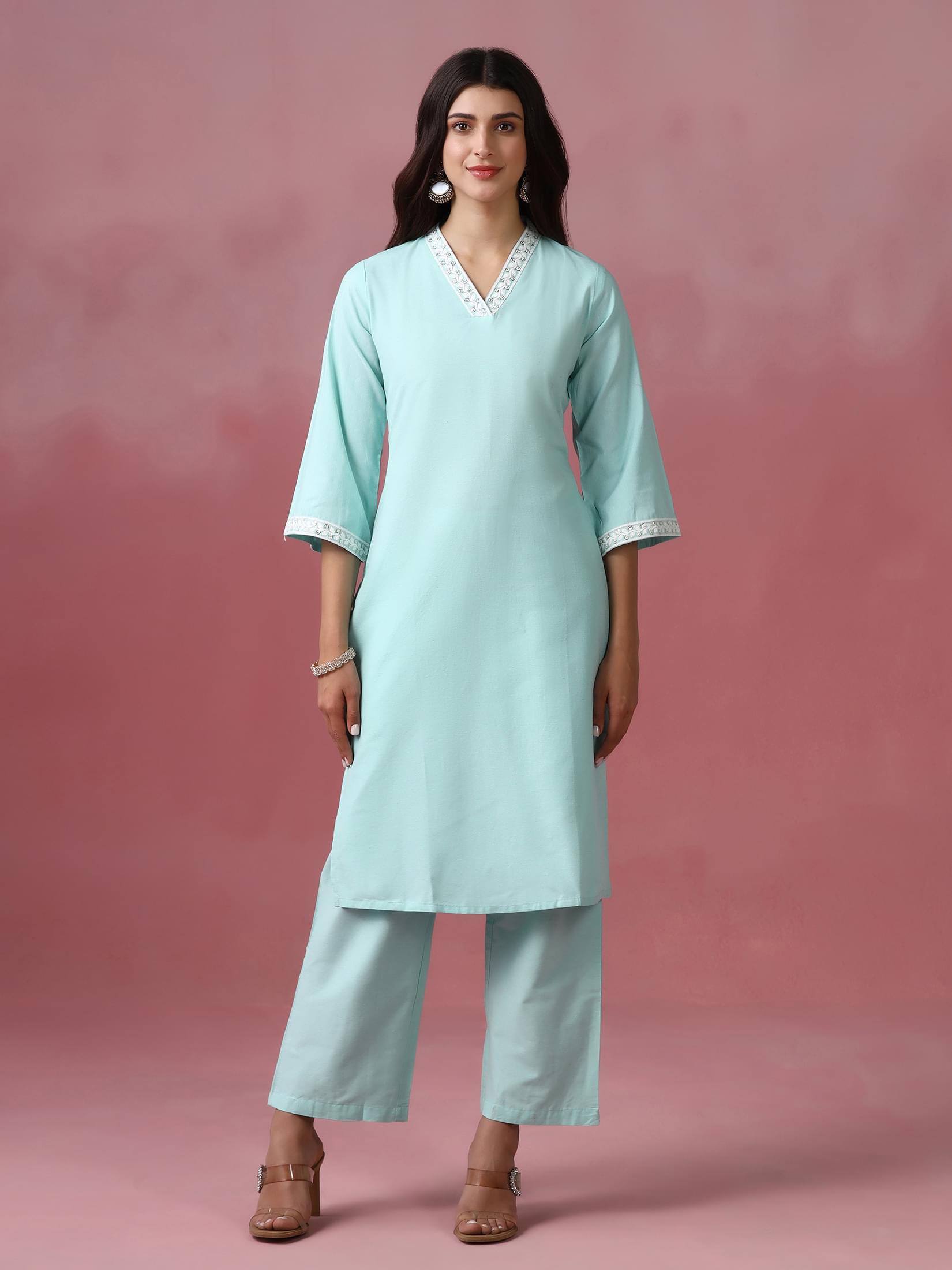 Women Poly Cotton Green Embroidered Kurta With Comfort Pant.