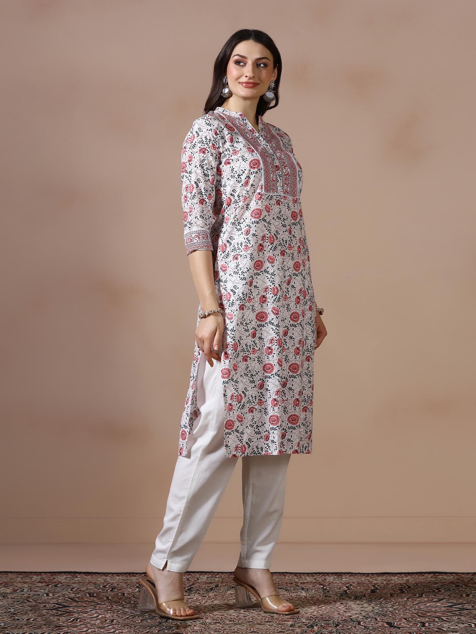 Women Cotton Off White Printed Kurta.
