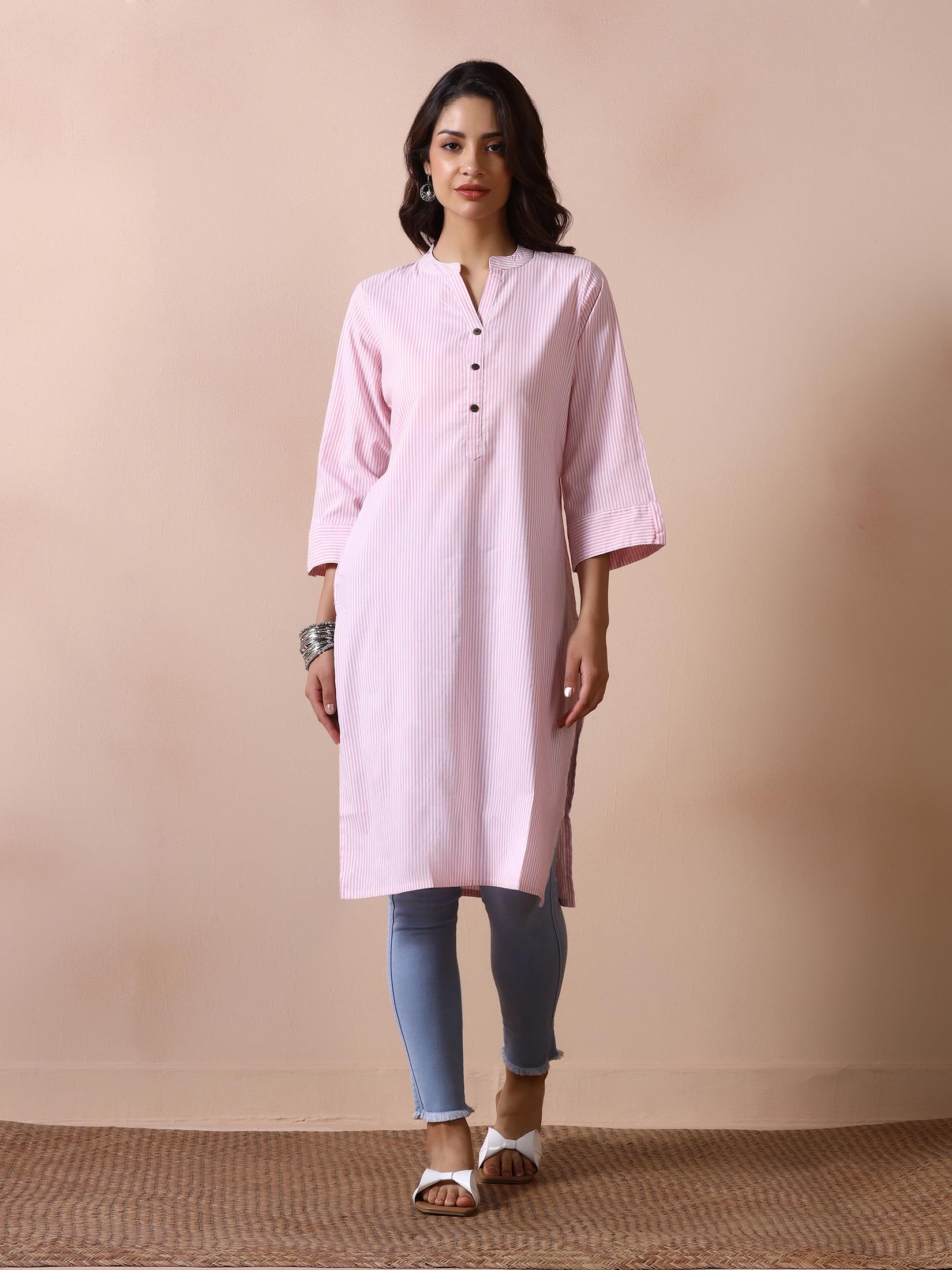 Women Poly Cotton Pink Yarn Dyed Kurta.