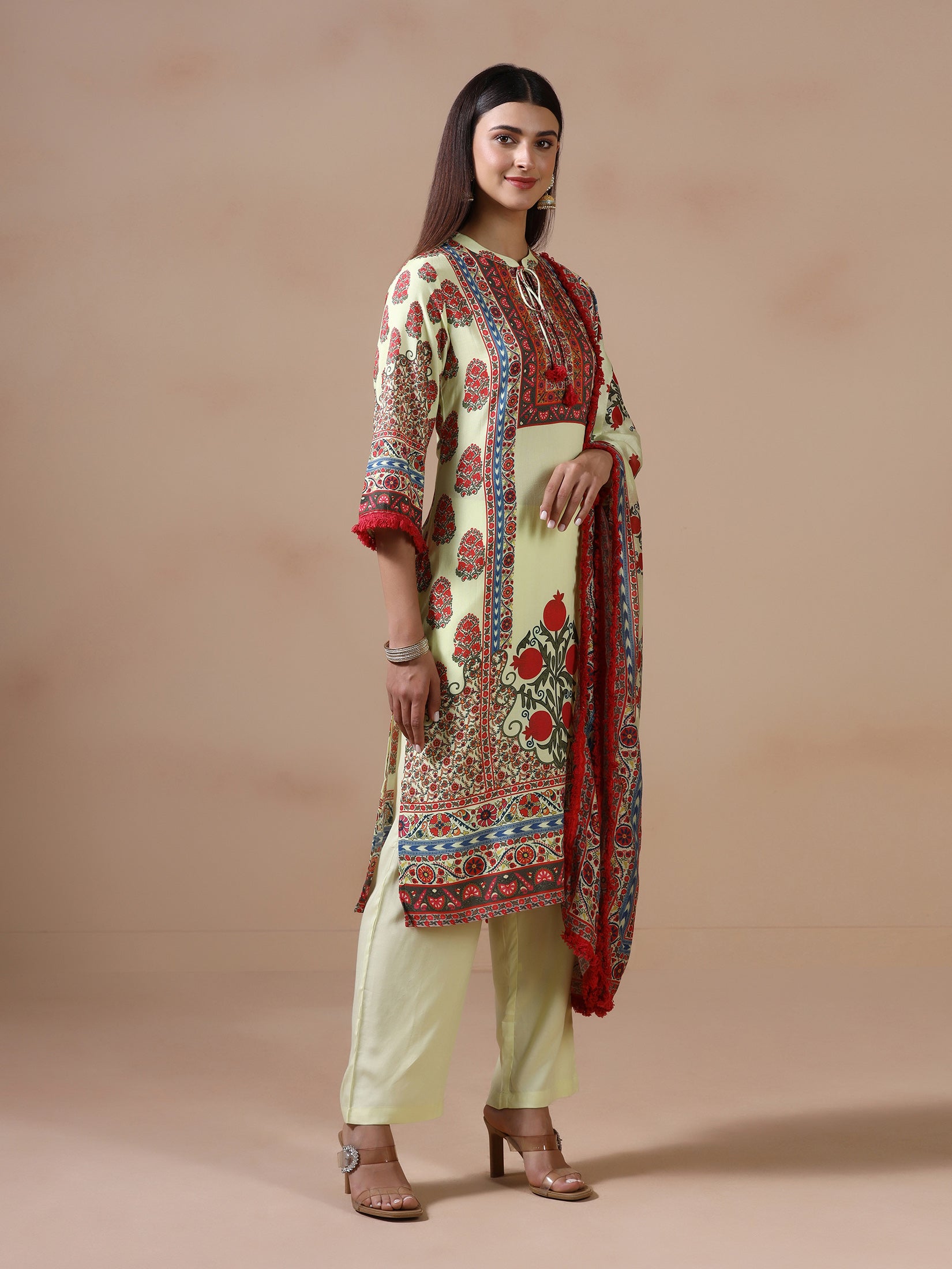 Women Liva Lime Yellow Printed Kurta Comfort Pant Dupatta