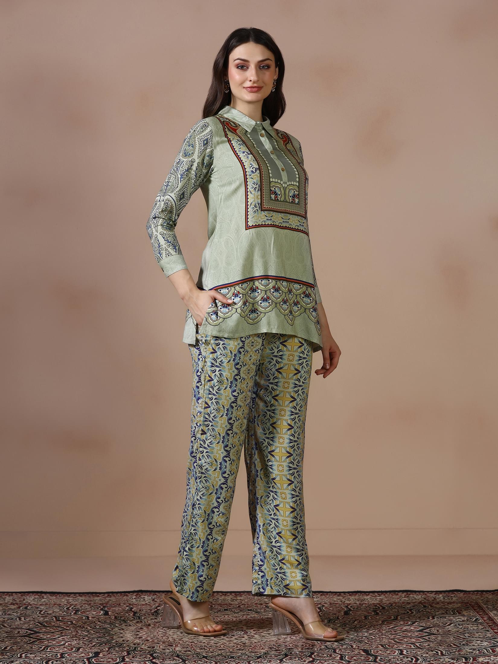 Women Liva Green Printed Co Ord Set.