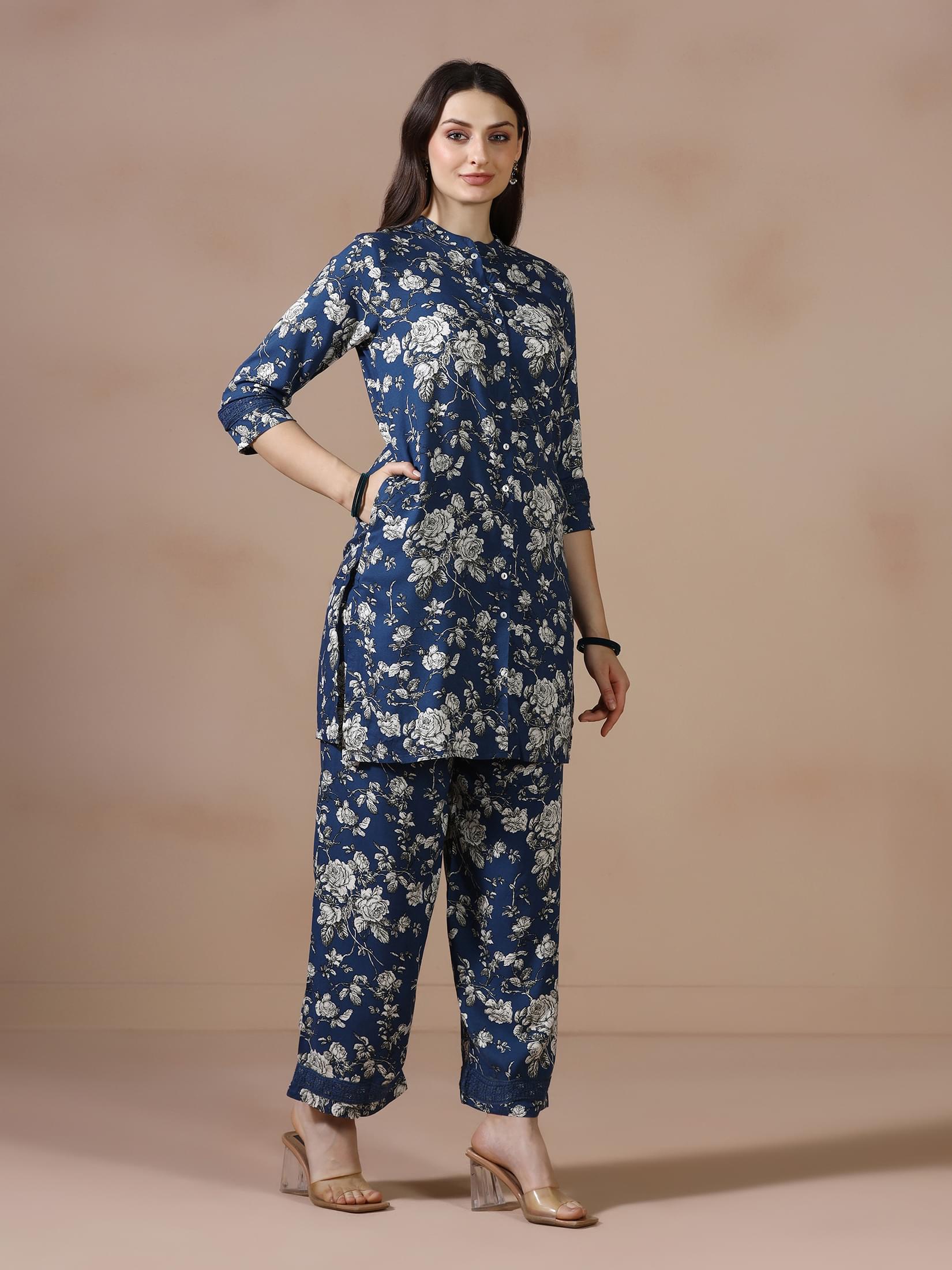 Women Liva Indigo Printed Co Ord Set.