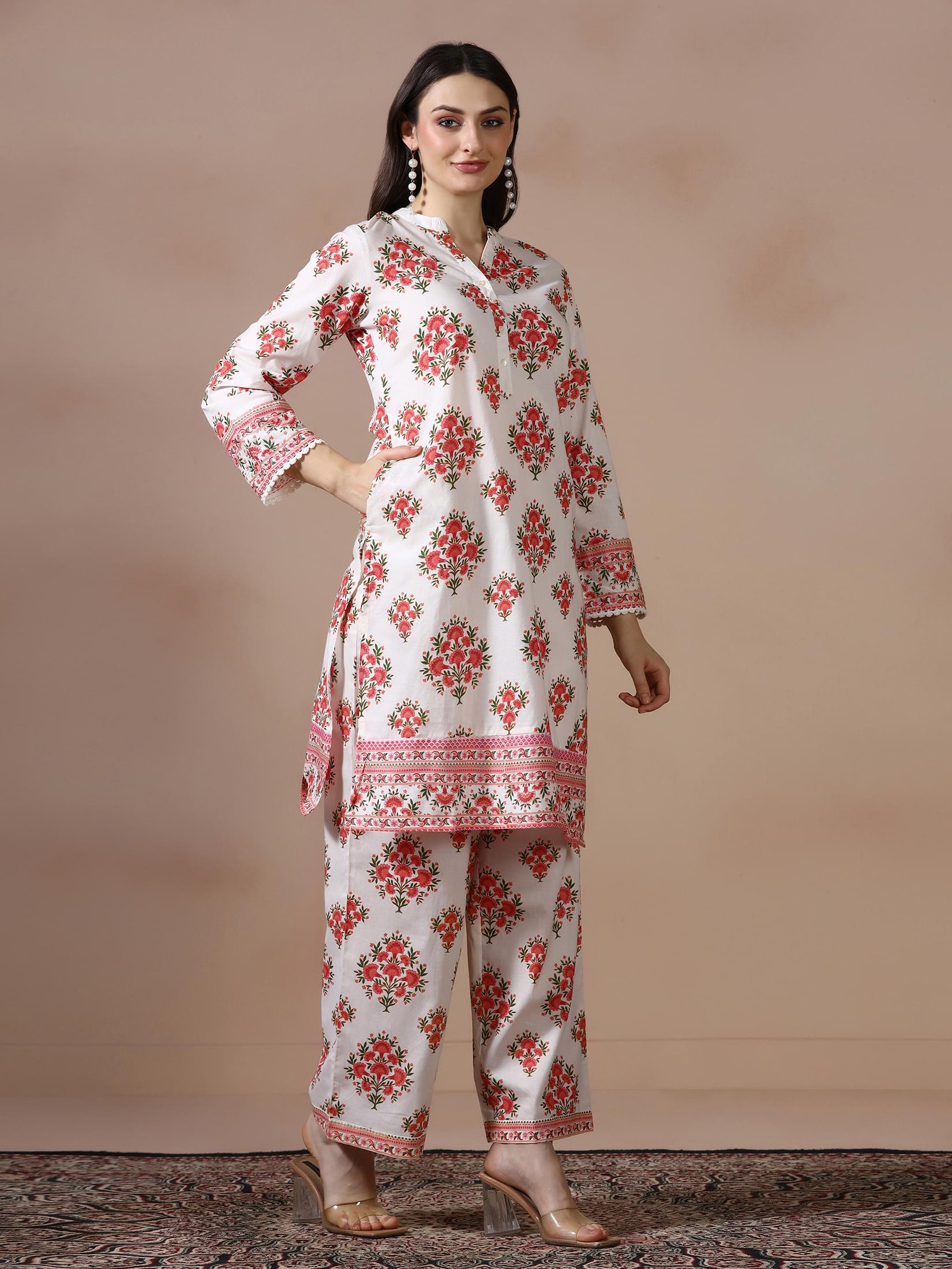Women Cotton Off White and Peach Printed Co Ord Set.