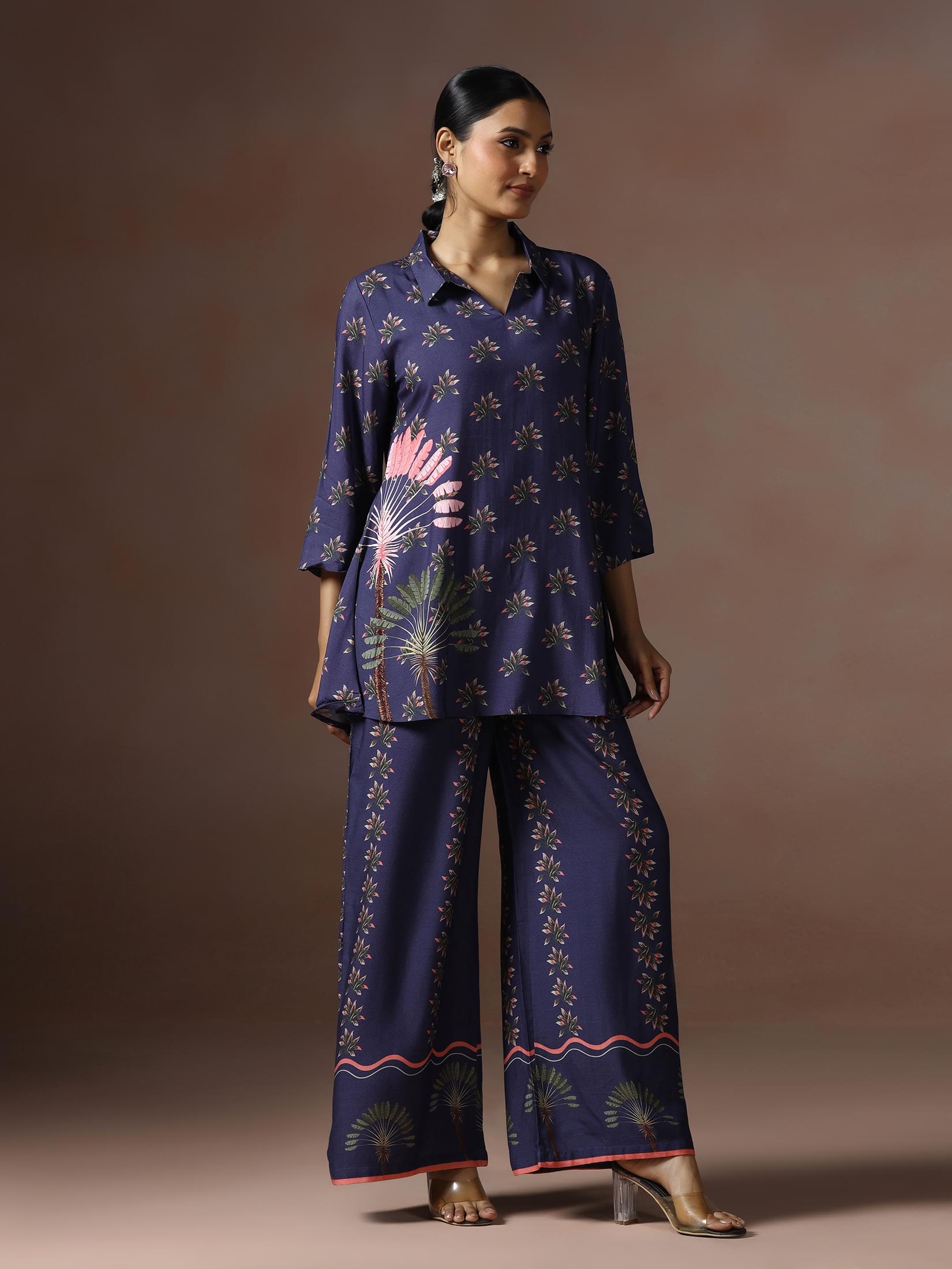 Women Liva Blue Floral Print Co Ord Set.
