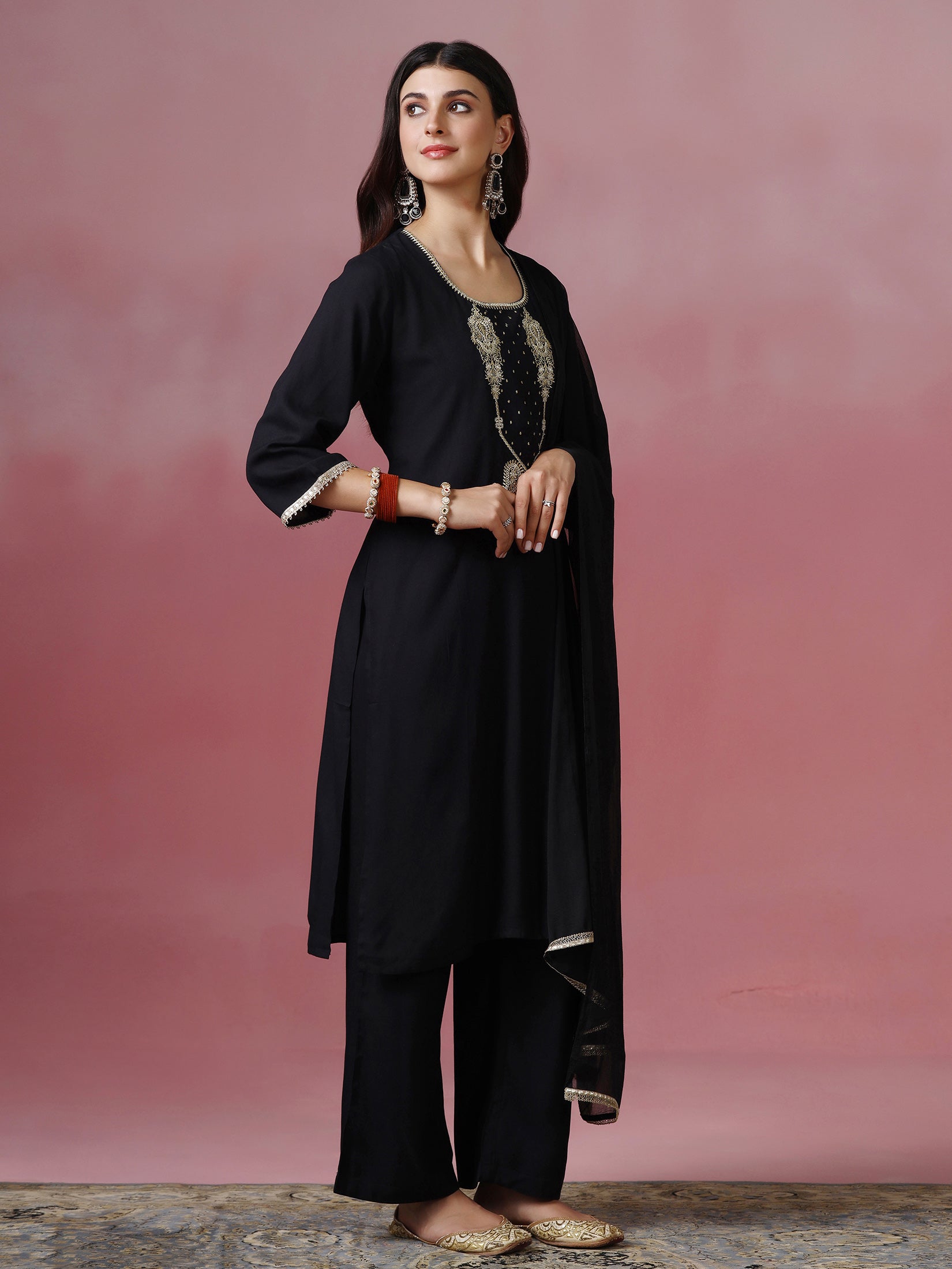 Women Liva Black Embroidered Kurta Comfort Pant Dupatta