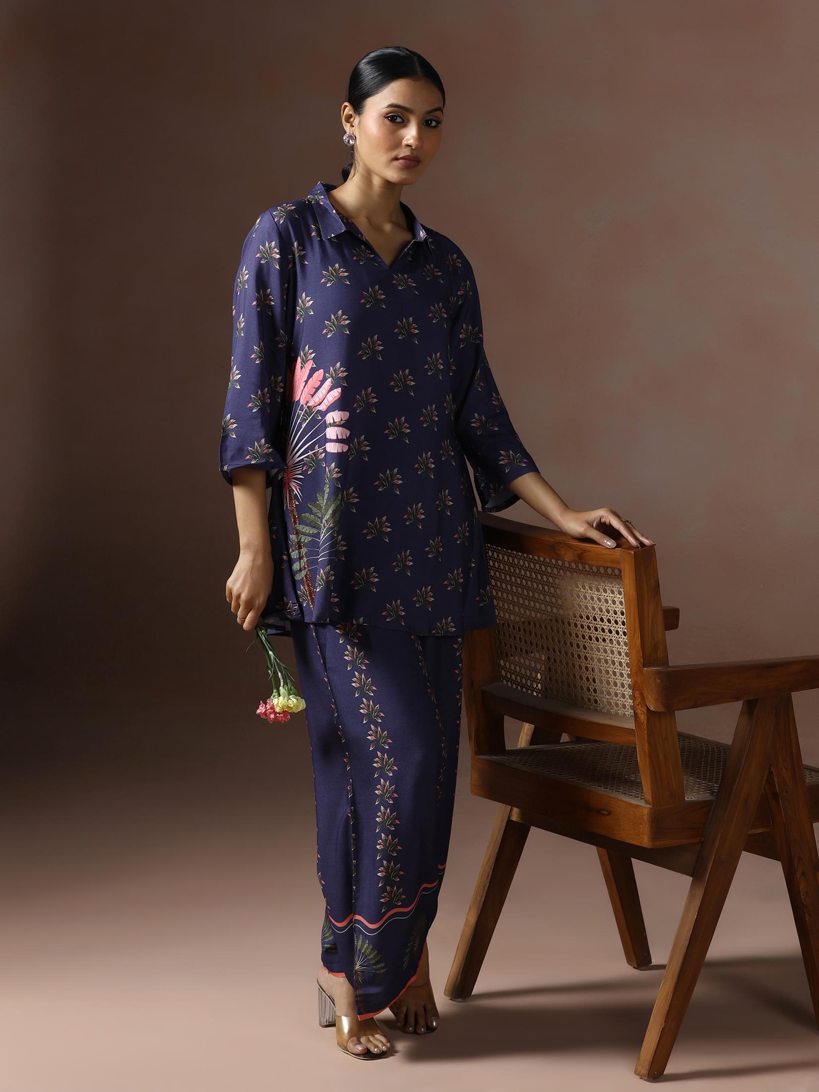 Blue floral print Liva fabric casual matching co-ord set for women